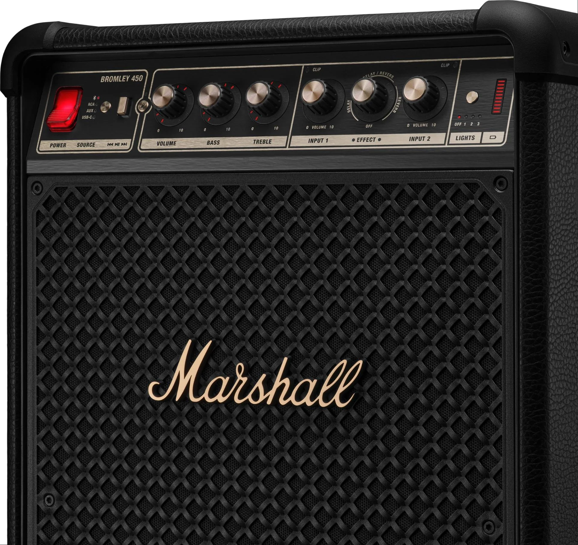 Amplificatore Marshall Bromley 450 con griglia nera e logo dorato. Interruttore rosso.