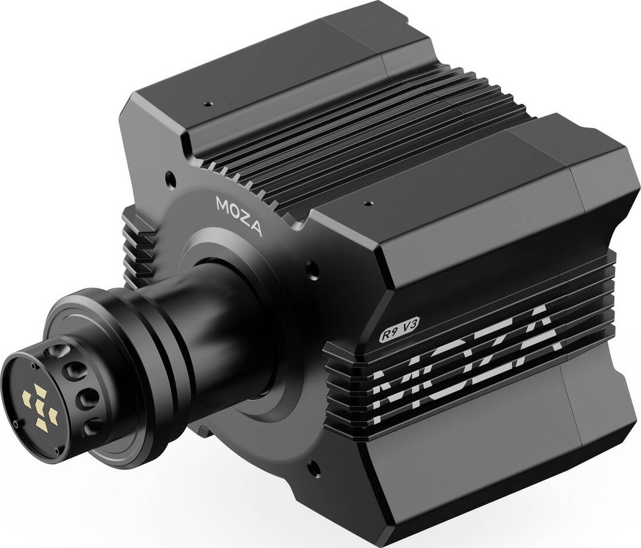Schwarze MOZA R9 V3 Direct-Drive-Radbasis mit Lamellen und Frontmontage.