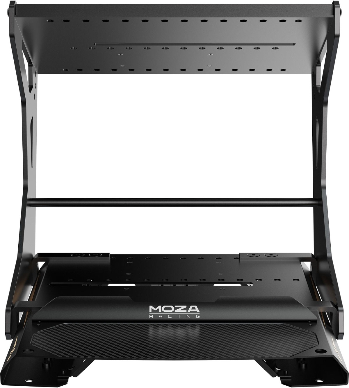Support noir pour simulateur de course avec supports réglables et logo MOZA RACING.