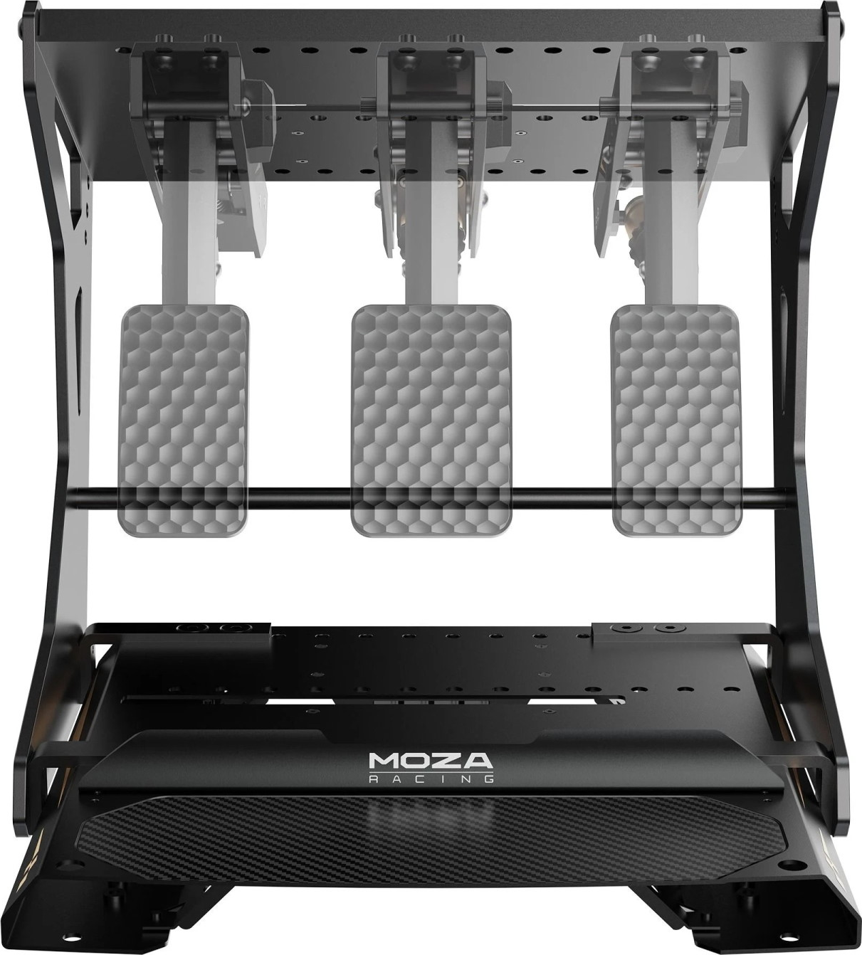 Un ensemble de pédales de course noires avec trois pédales et le logo MOZA RACING.