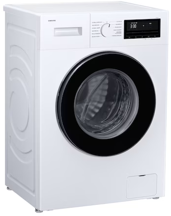 Eine weiße Samsung Waschmaschine mit schwarzer Tür und digitalem Display.