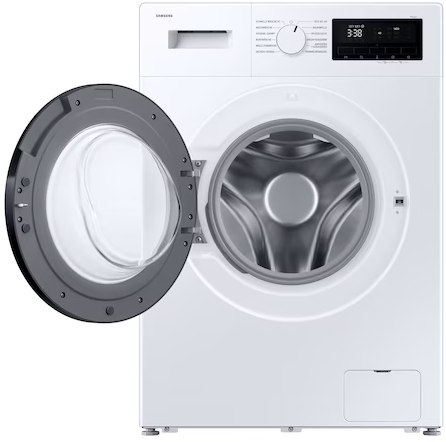 Eine weiße Samsung Waschmaschine mit geöffneter Tür und Trommel.