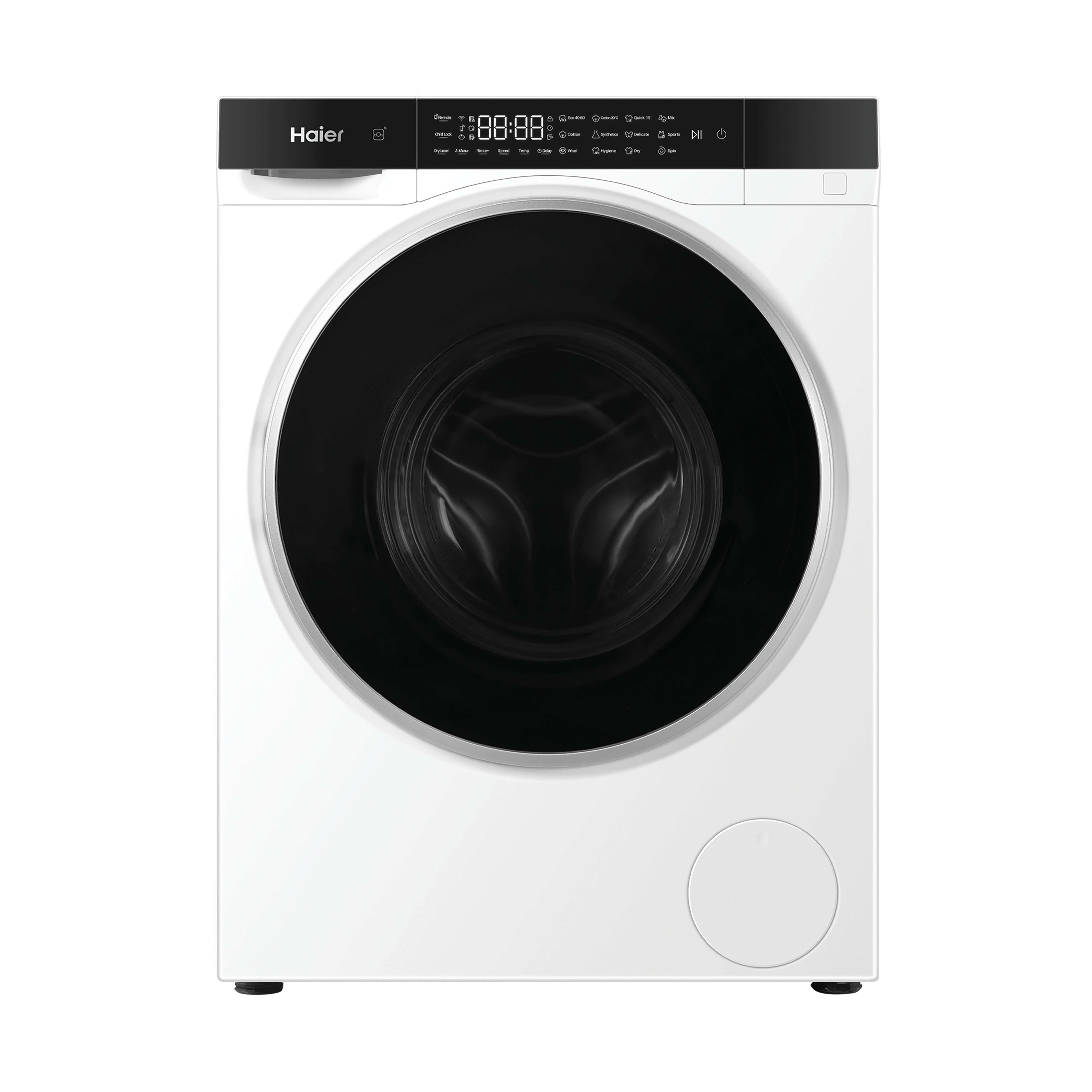 Eine weiße Haier Waschmaschine mit schwarzer Tür und Bedienfeld.