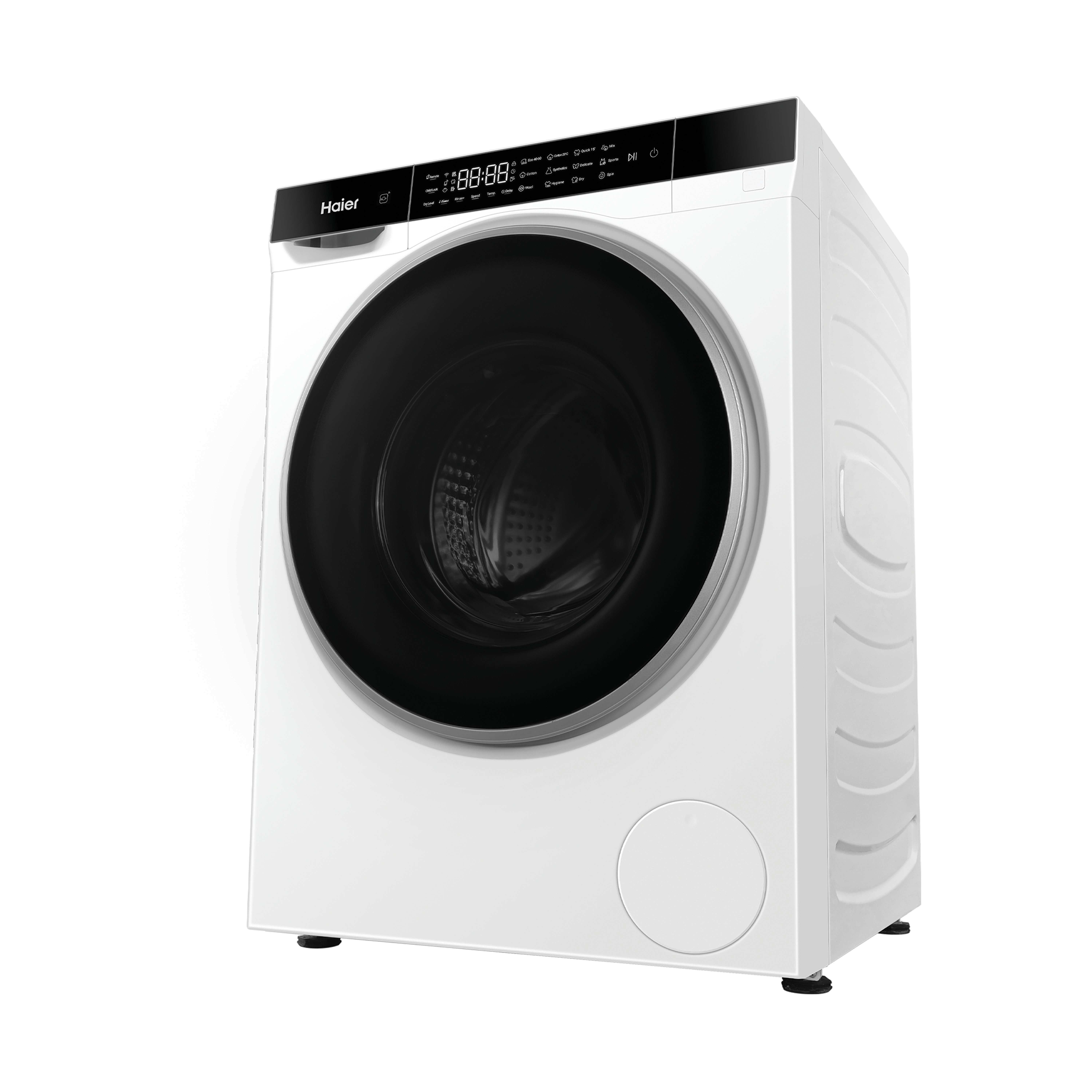 Eine weiße Haier Waschmaschine mit schwarzer Tür und Bedienfeld.
