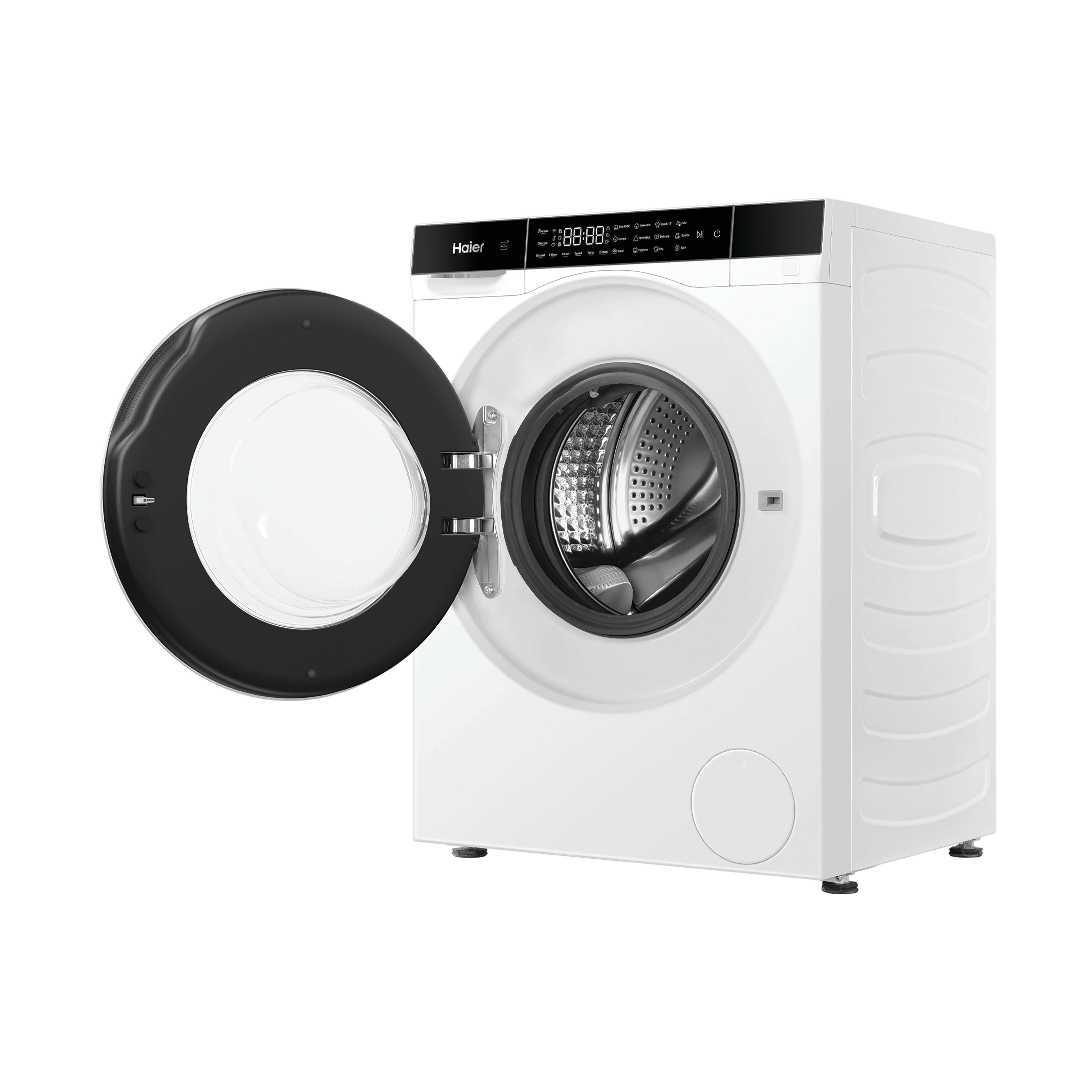 Eine weiße Haier Waschmaschine mit offener schwarzer Tür und digitalem Display.