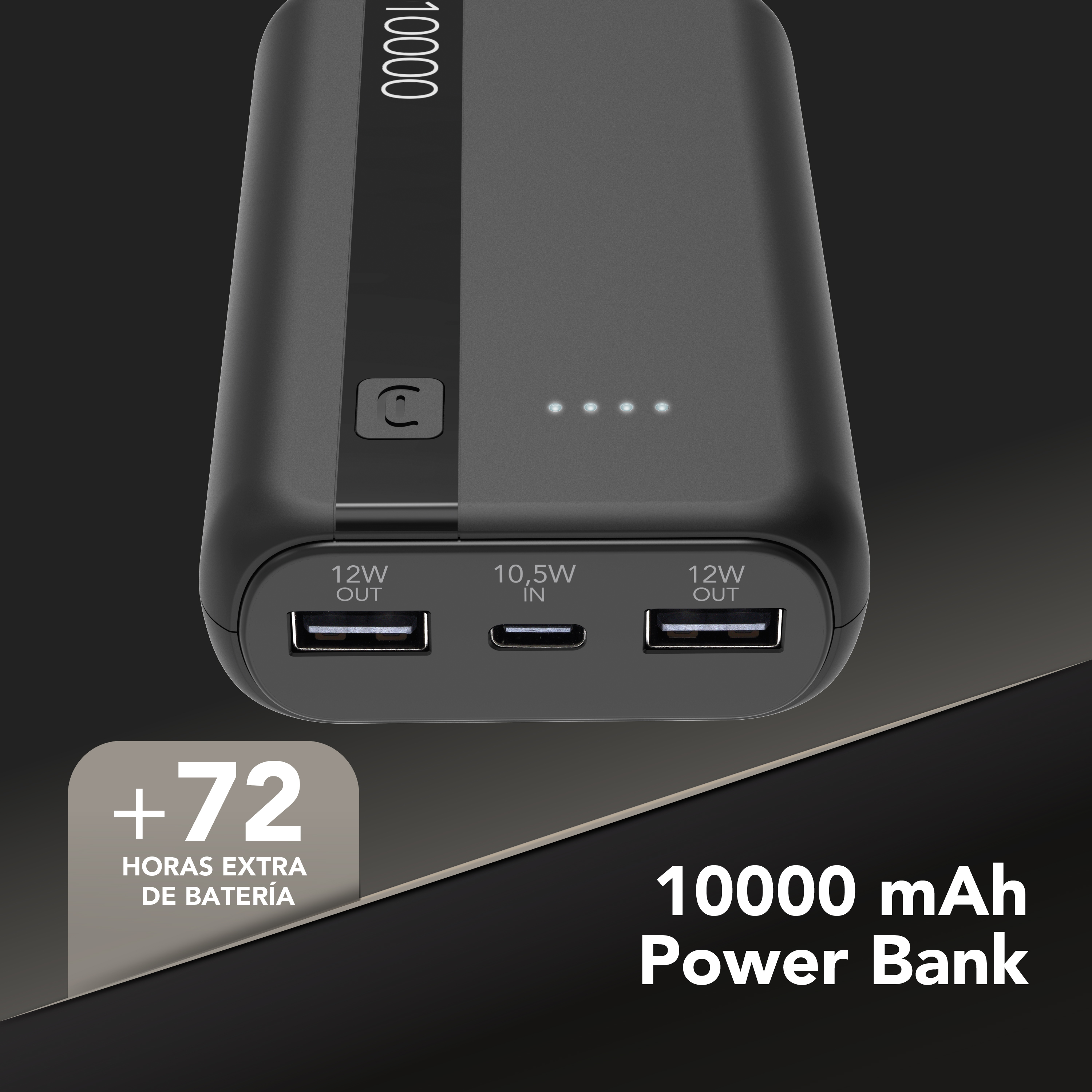 Power bank CellularLine 10000 mAh con puertos USB y USB‑C y hasta 72 horas extra de batería.