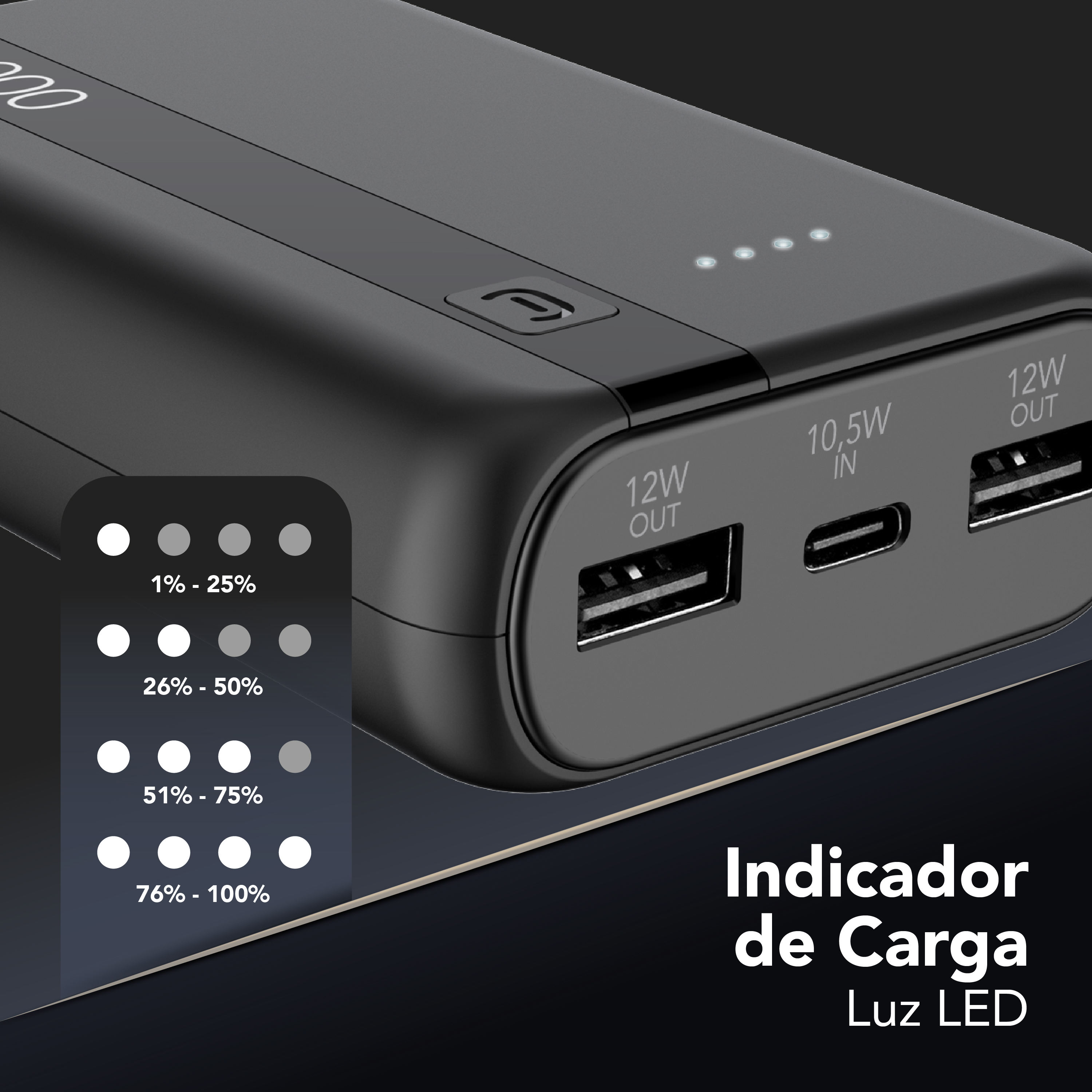 Indicador LED de nivel de batería en power bank CellularLine con puertos USB y USB‑C.