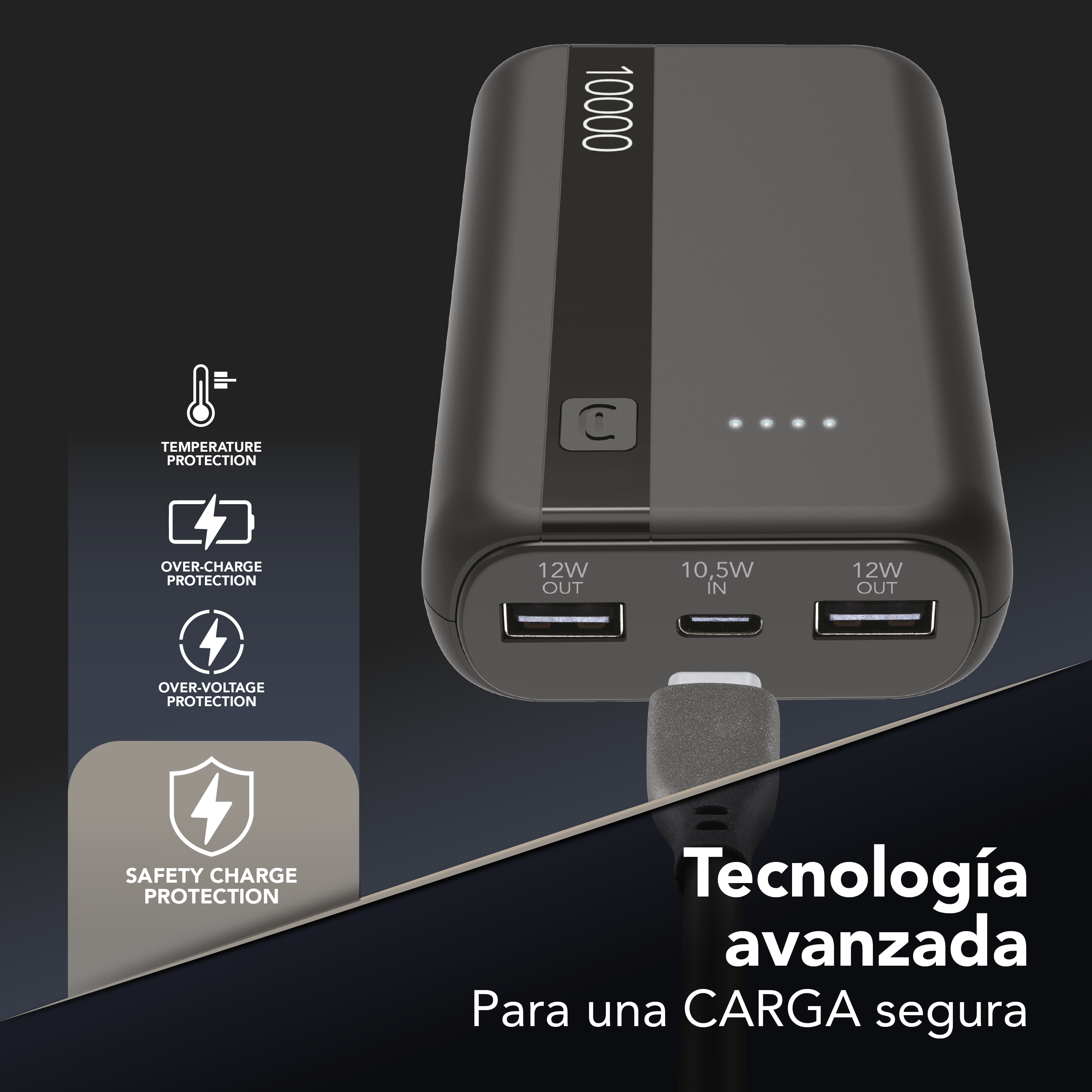Power bank CellularLine 10000 con protecciones de temperatura, sobrecarga y sobretensión.