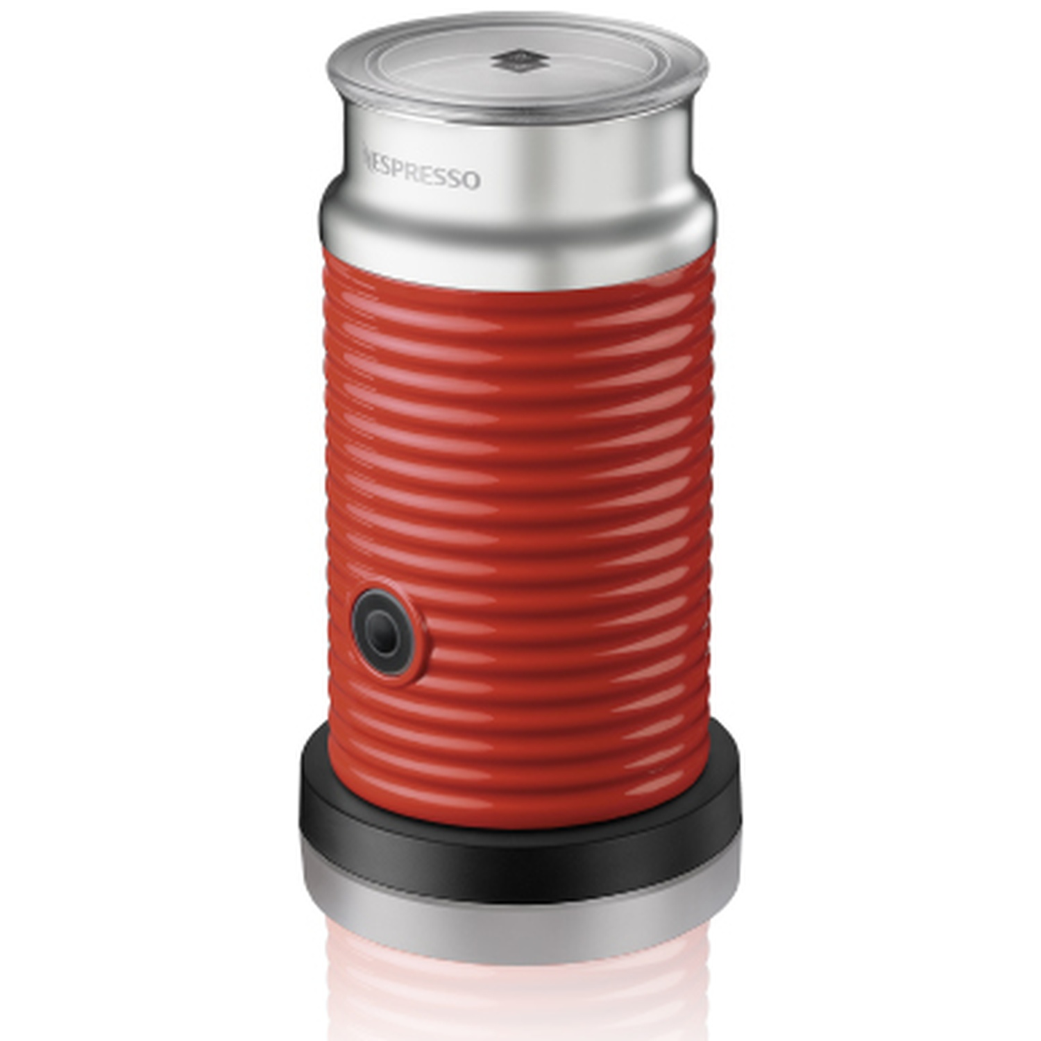 Mousseur à lait Nespresso rouge avec couvercle argenté et bouton noir.
