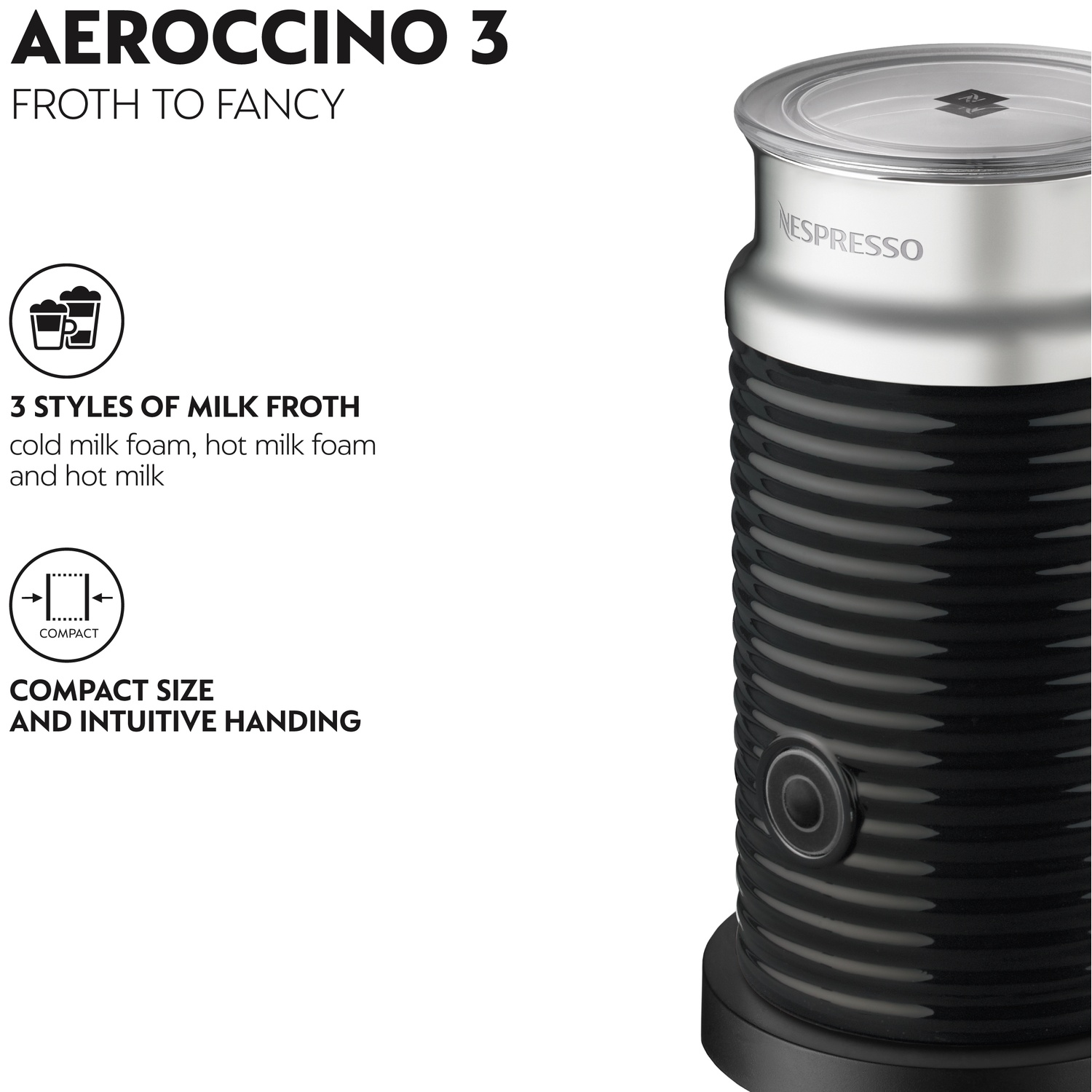 Un mousseur à lait Nespresso Aeroccino 3 noir avec couvercle et bouton argentés.
