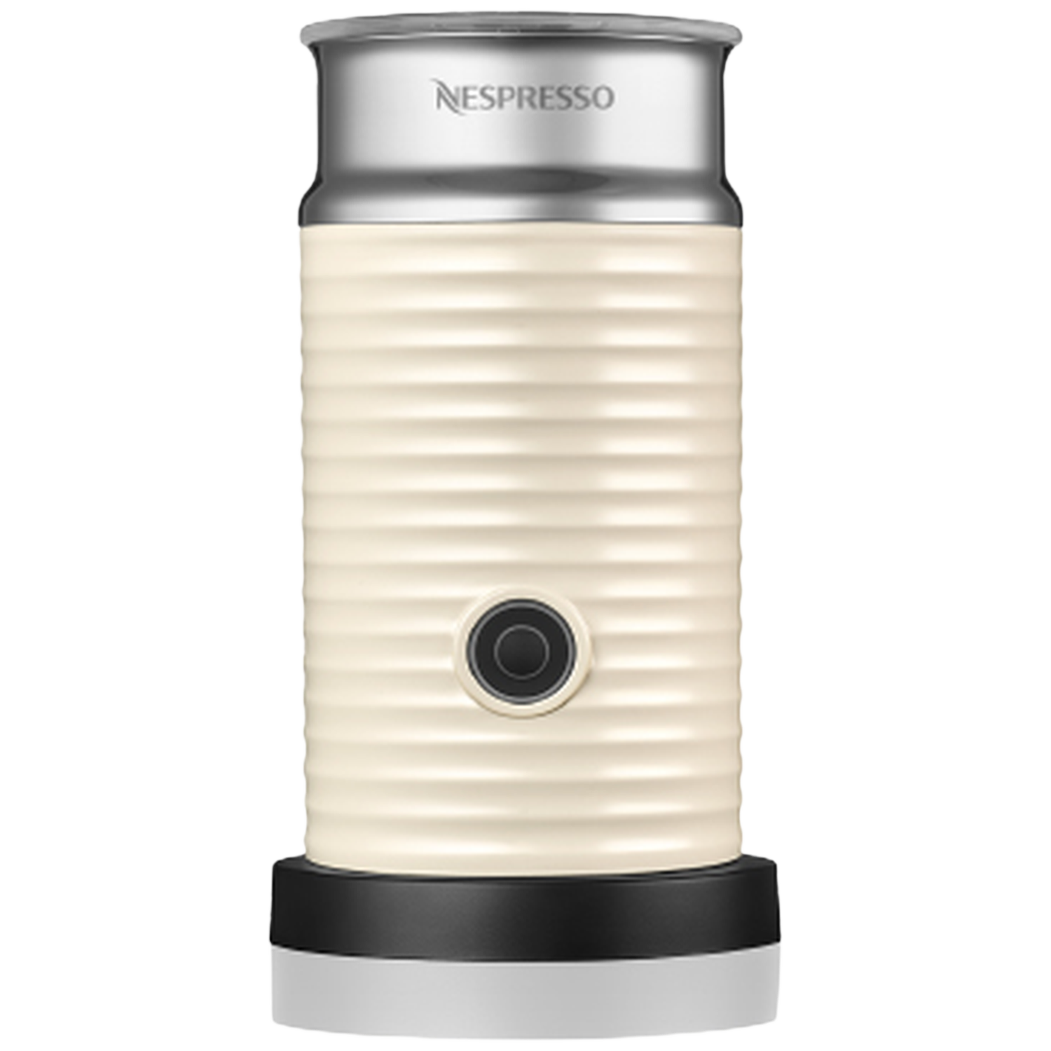 Un mousseur à lait Nespresso crème avec couvercle argenté et base noire.