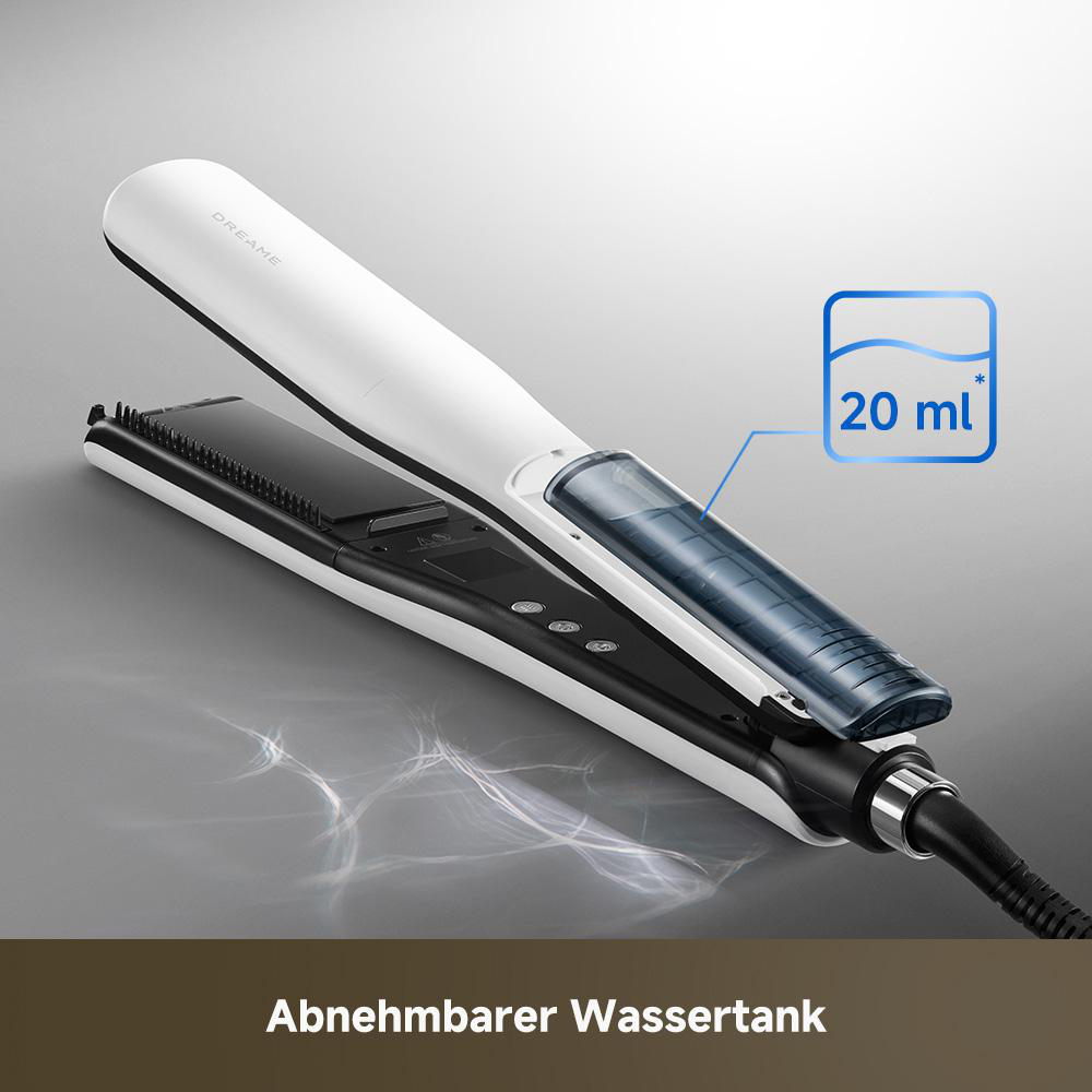 Ein weißer Haarglätter mit abnehmbarem Wassertank für 20 ml.
