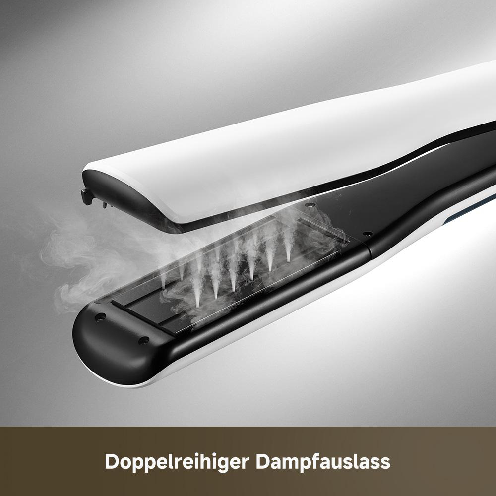 Ein weißer Dampfglätter mit zwei Reihen Dampfauslässen, die Dampf abgeben.