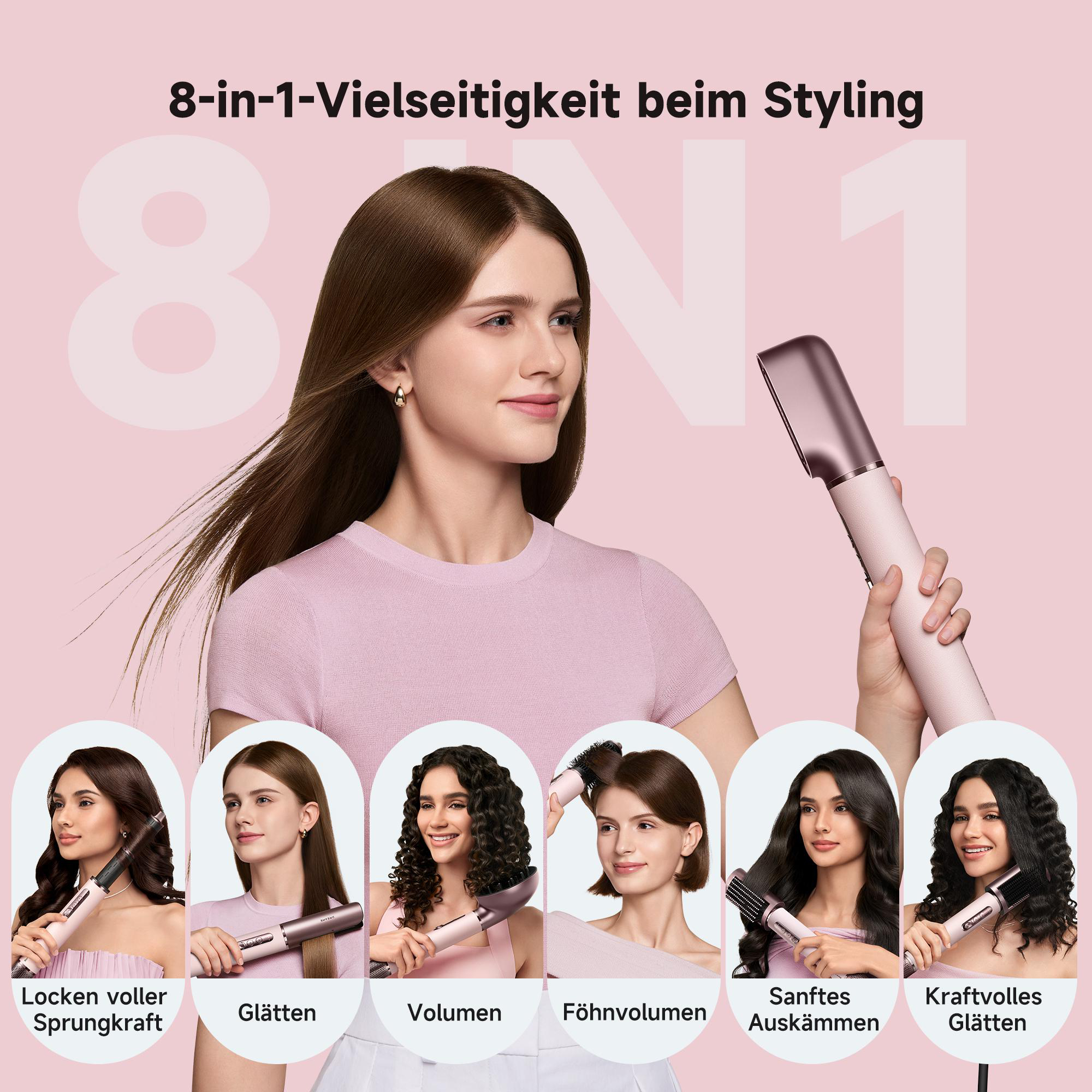 Frauen stylen ihr Haar mit einem vielseitigen 8-in-1-Stylinggerät, das Locken, Glätten und Volumen erzeugt.