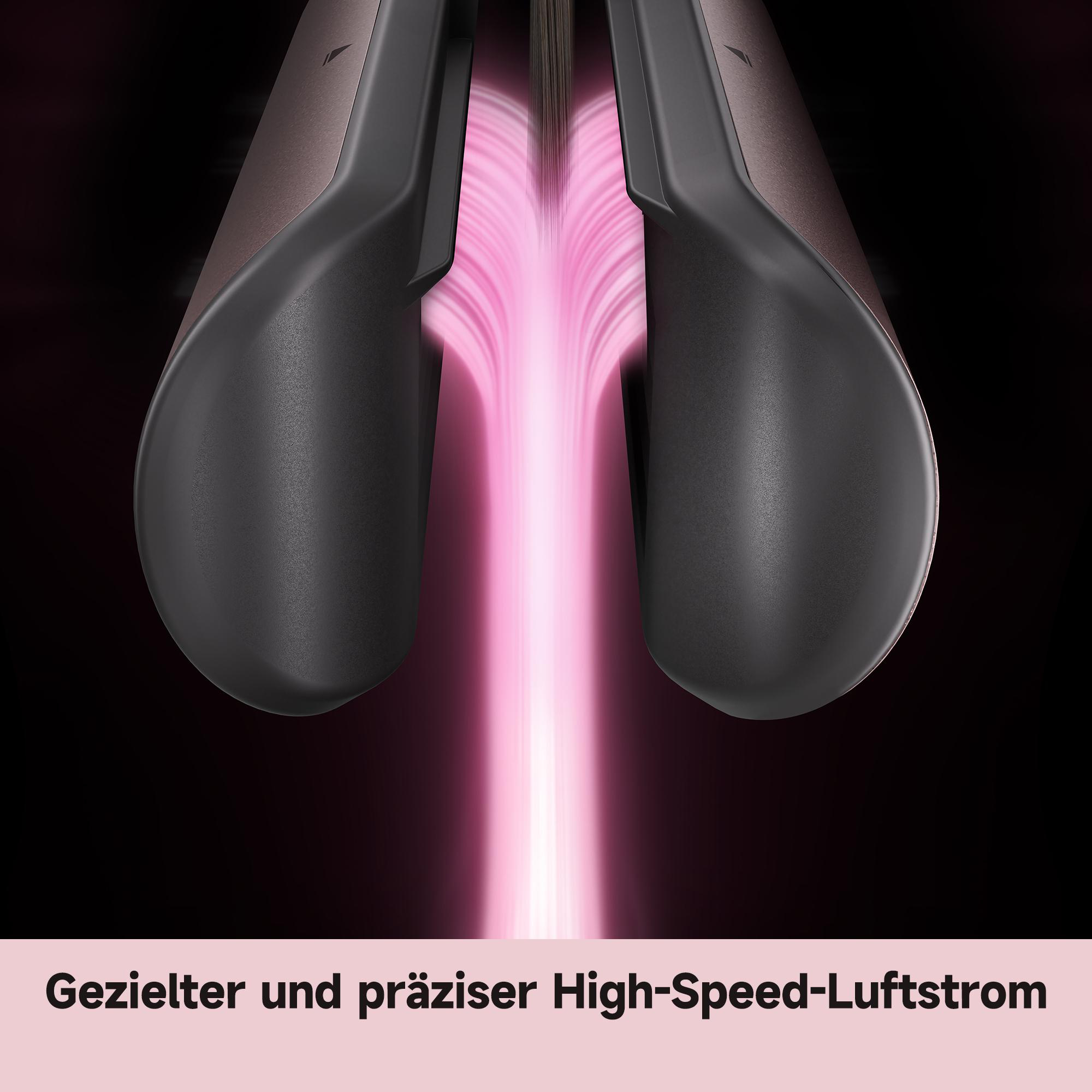 Styling-Gerät mit konzentriertem, rosa Luftstrom zwischen den schwarzen Griffen.