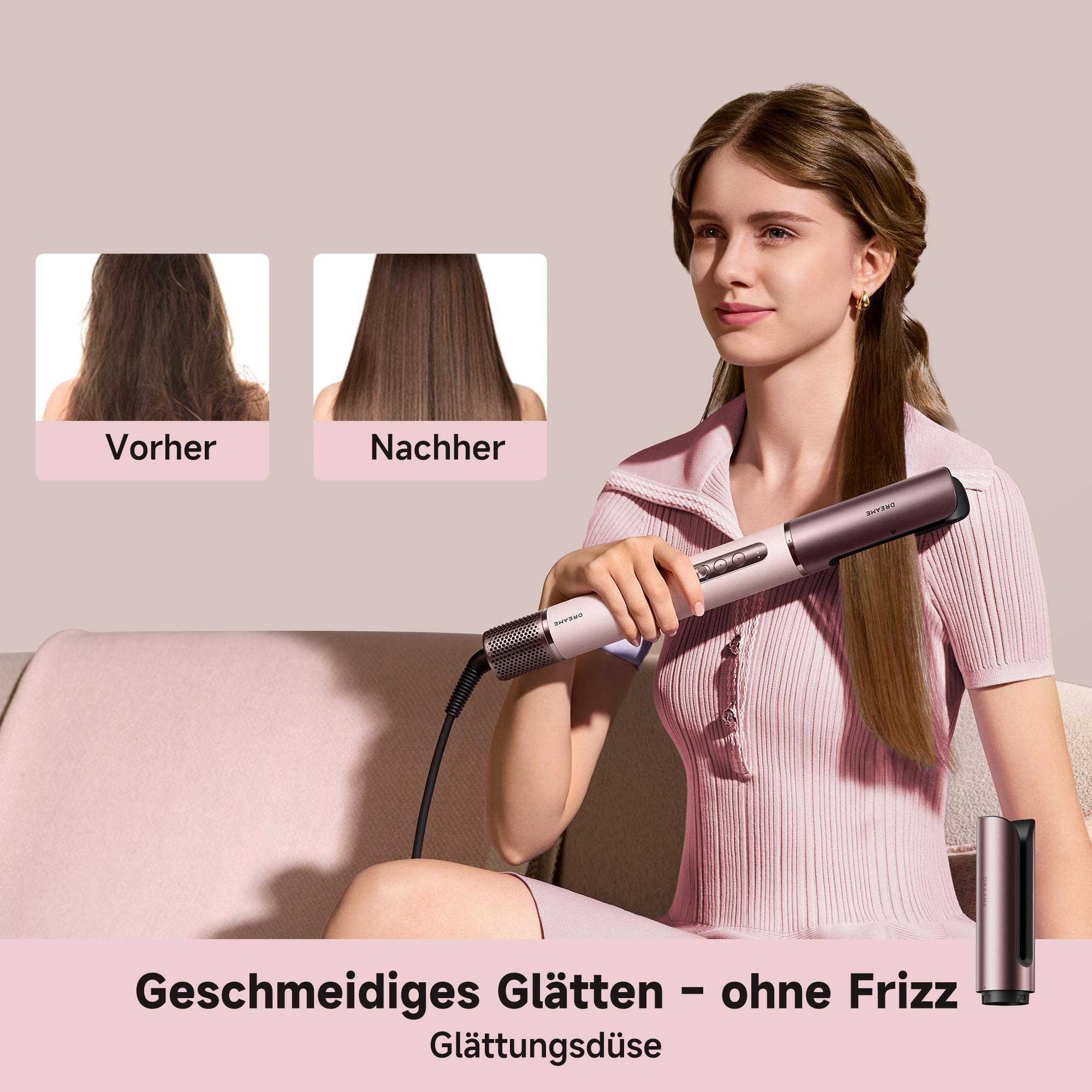 Frau mit glattem Haar hält ein Glätteisen. Vorher/Nachher-Vergleich.