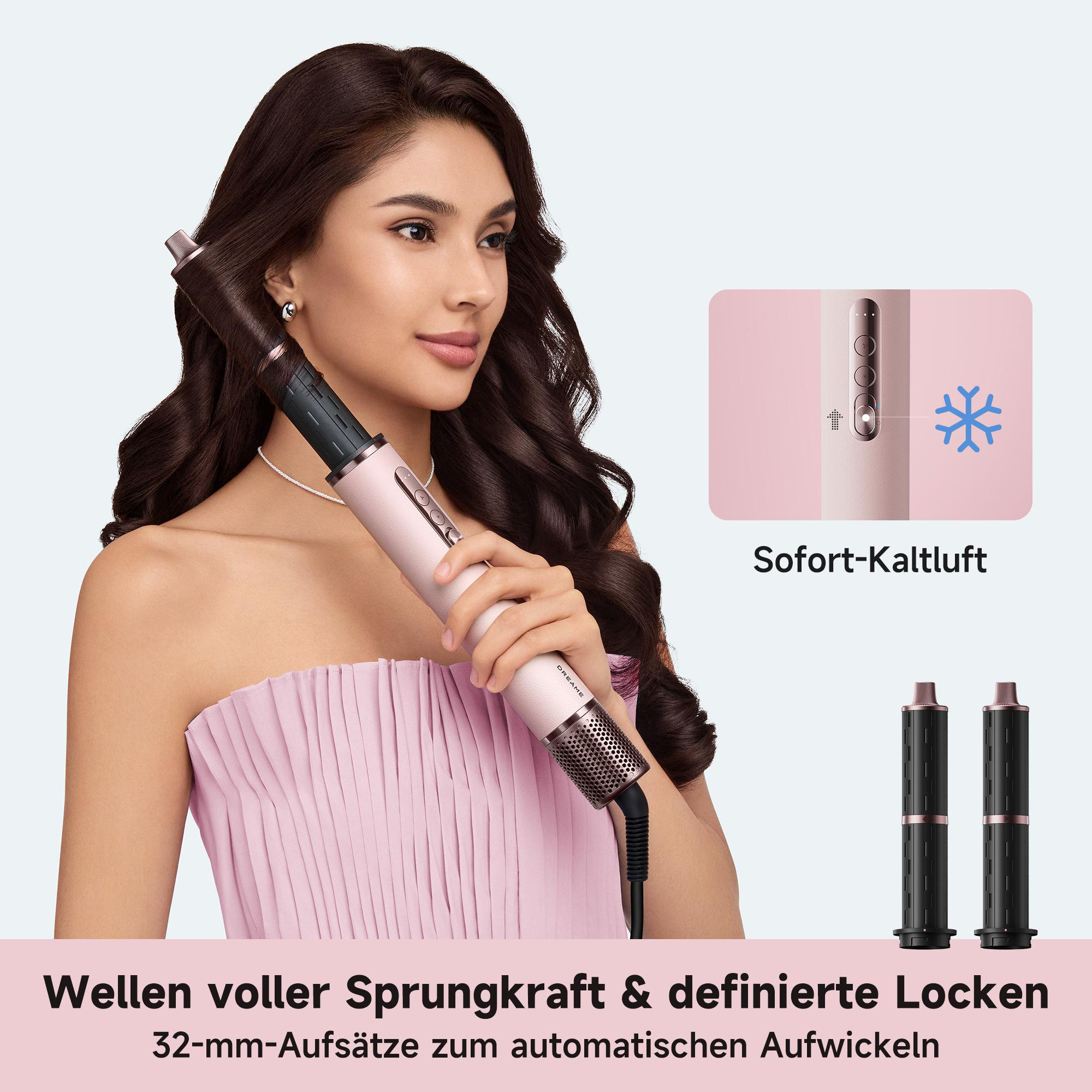 Frau mit dunklen Haaren benutzt einen pinken Lockenstab. Text auf Deutsch.