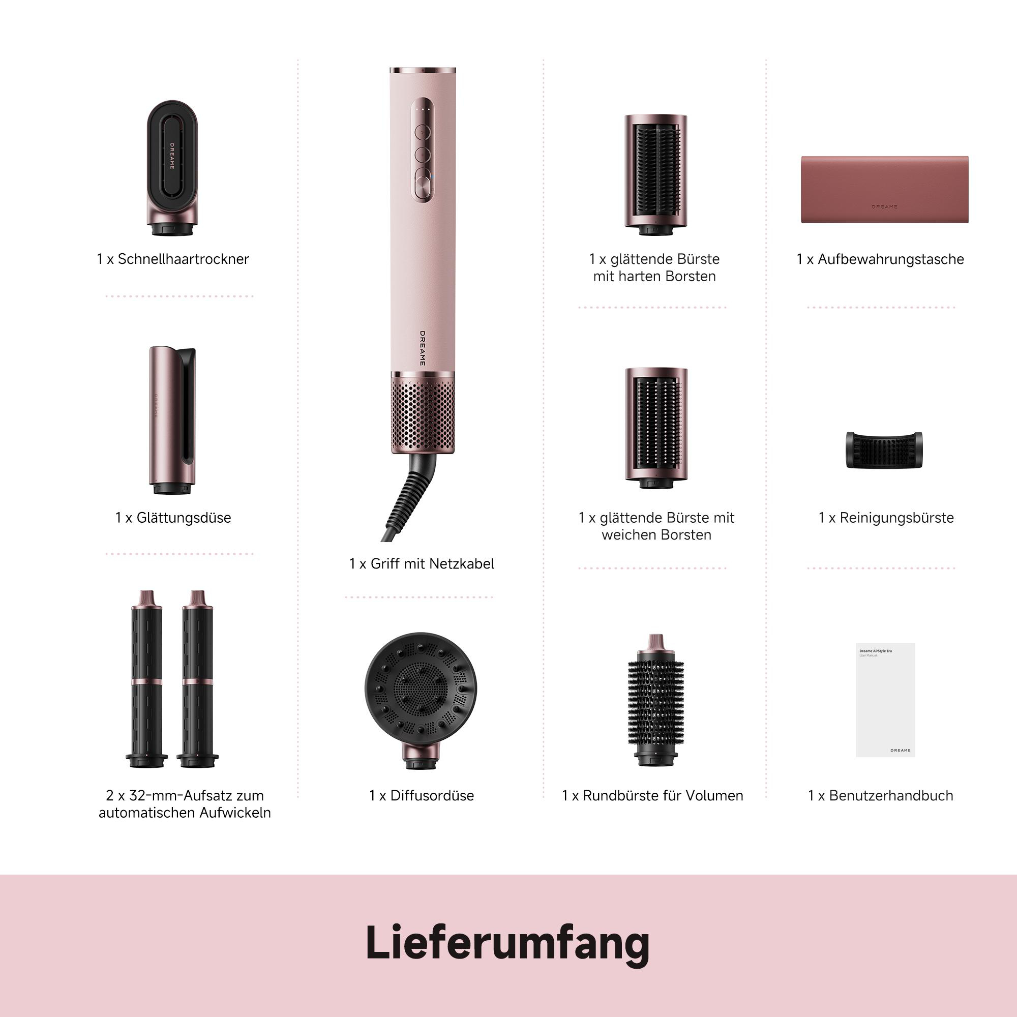 Lieferumfang eines Haartrockners mit Zubehör: Haartrockner, Bürsten, Düsen, Tasche, Handbuch.