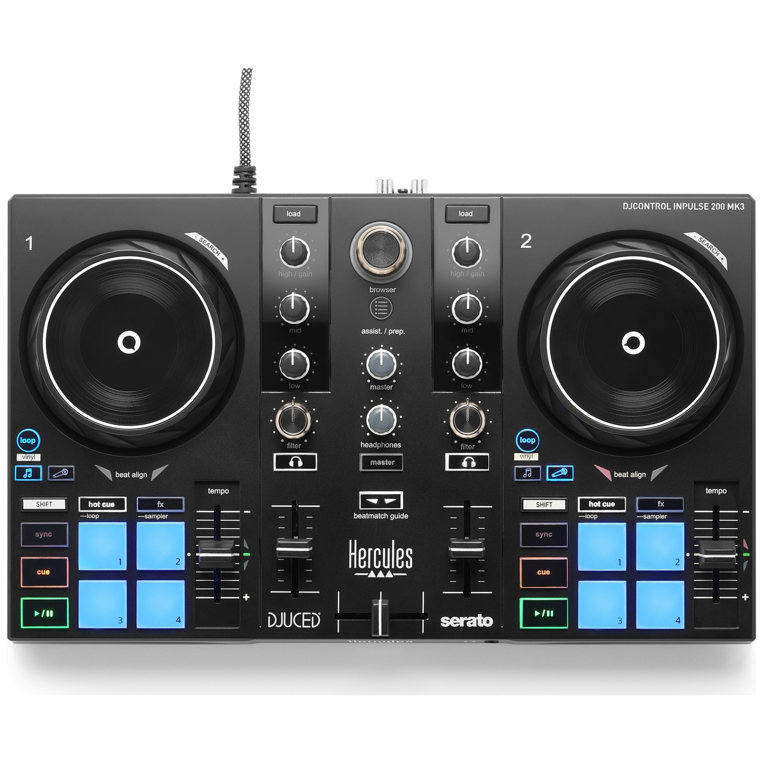 Zwarte DJ-controller met twee draaitafels, knoppen en verlichte pads.
