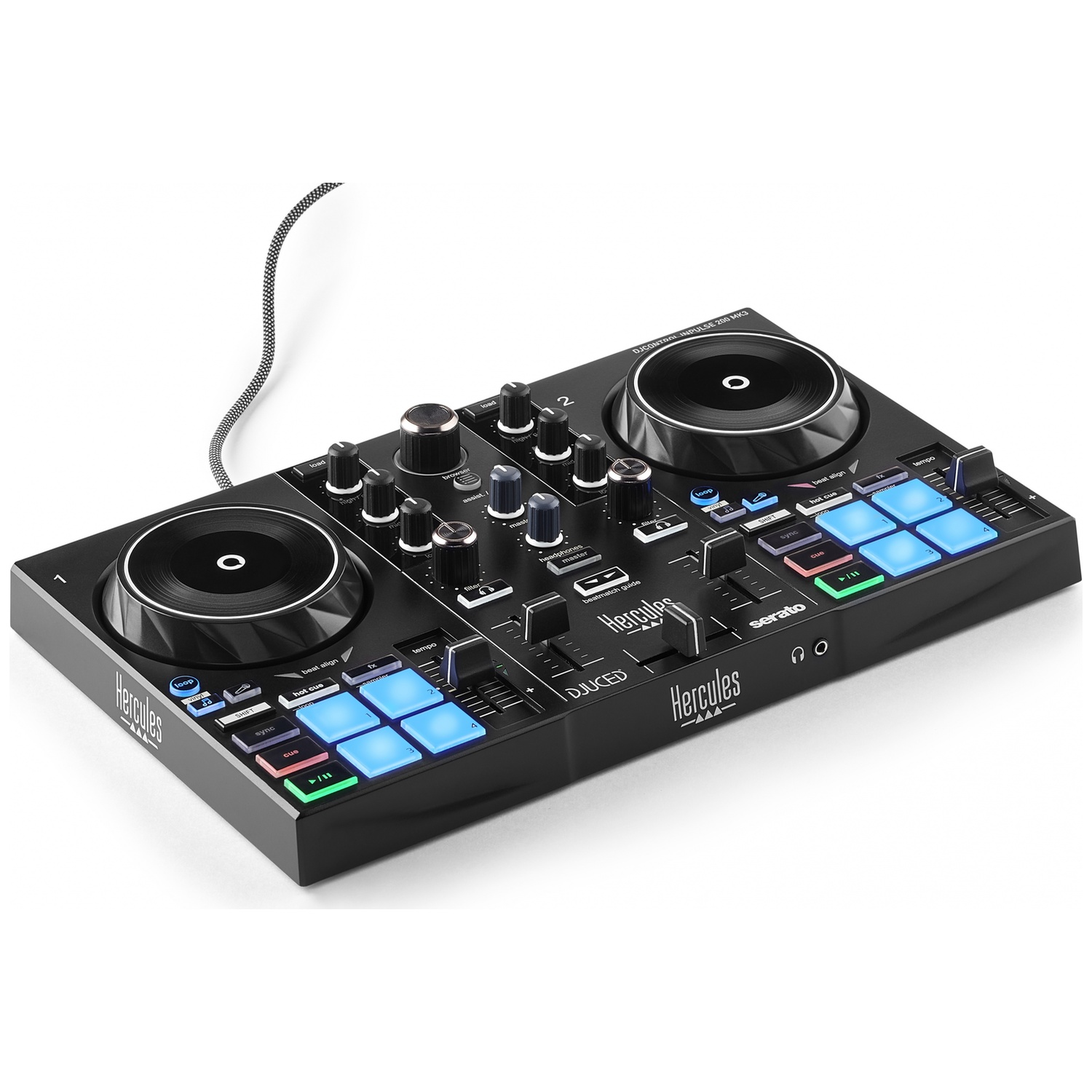 Zwarte DJ-controller met twee draaitafels, verlichte knoppen en draaiknoppen.