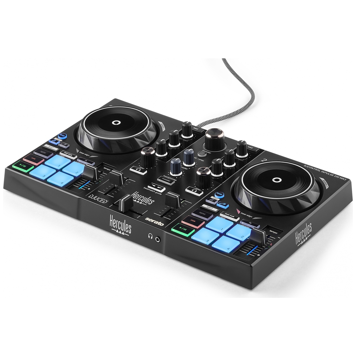 Zwarte DJ-controller met jogwielen, pads en knoppen, met kabel.