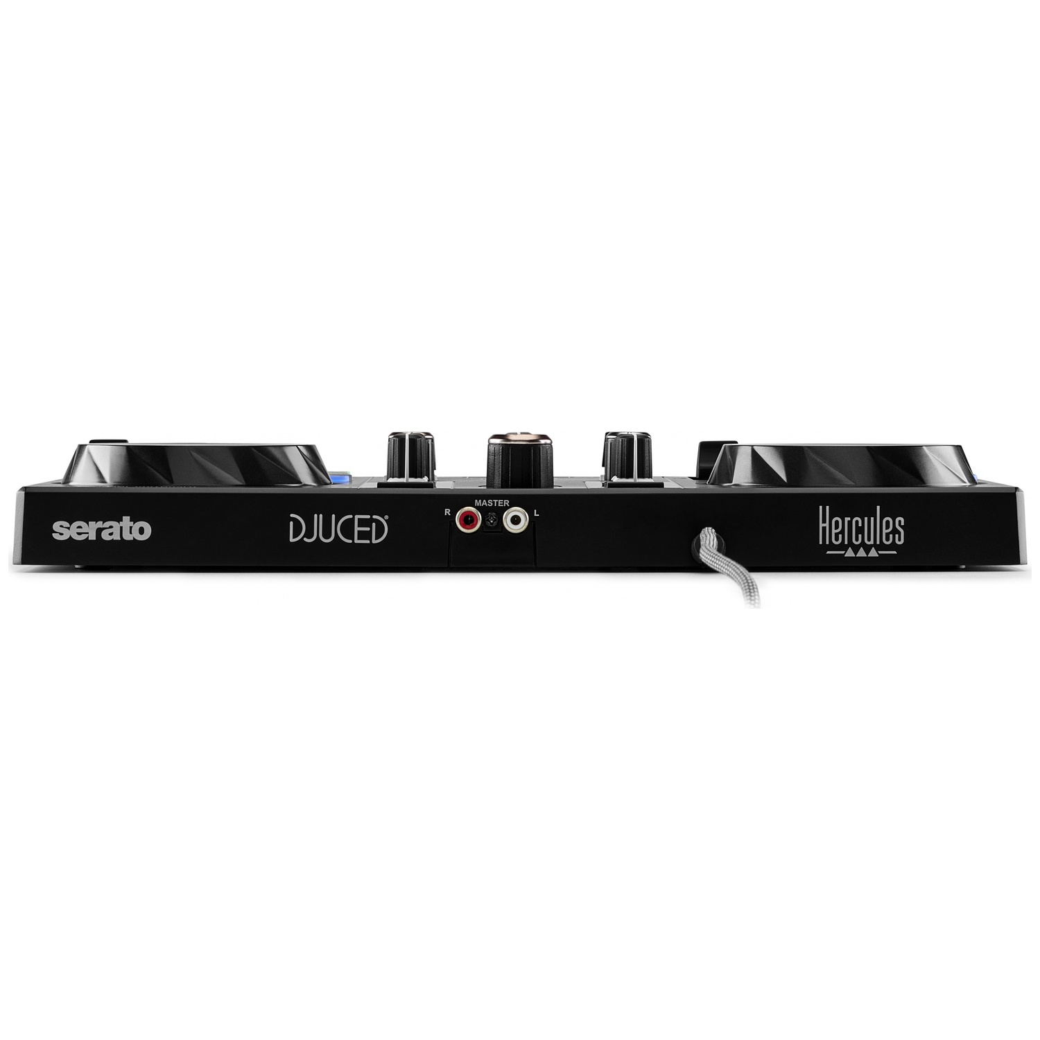 Zwarte DJ-controller met twee draaitafels, knoppen en poorten.