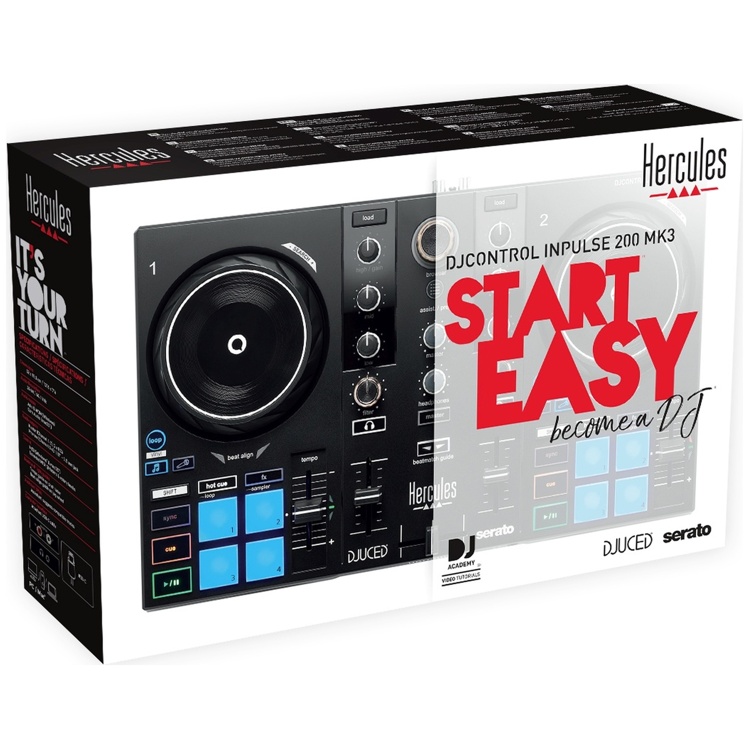 Hercules DJ controller met jogwheels, pads en faders op de verpakking.