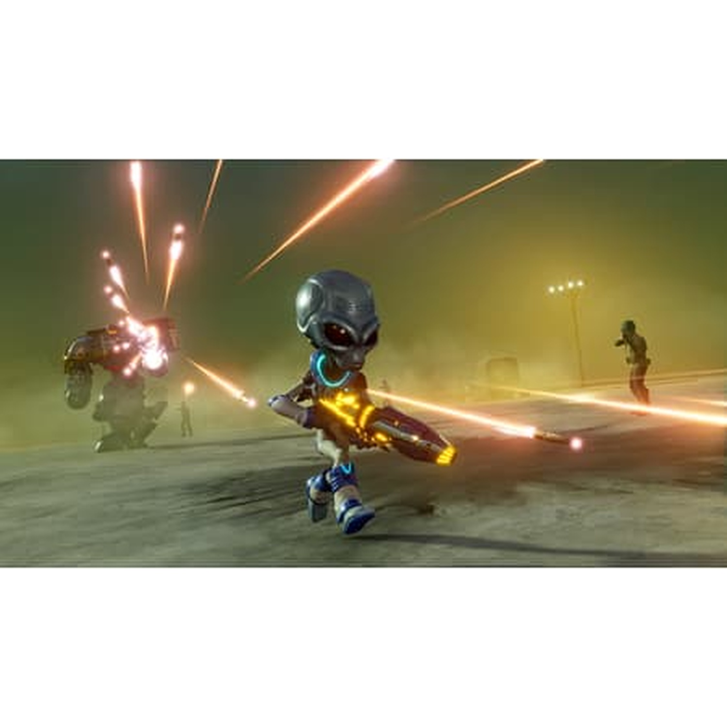 Un alien avec une arme combat des robots et des humains sous un ciel jaune.