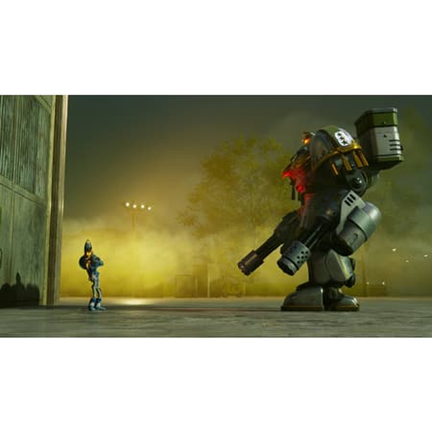 Un petit soldat se tient devant un grand robot mecha.