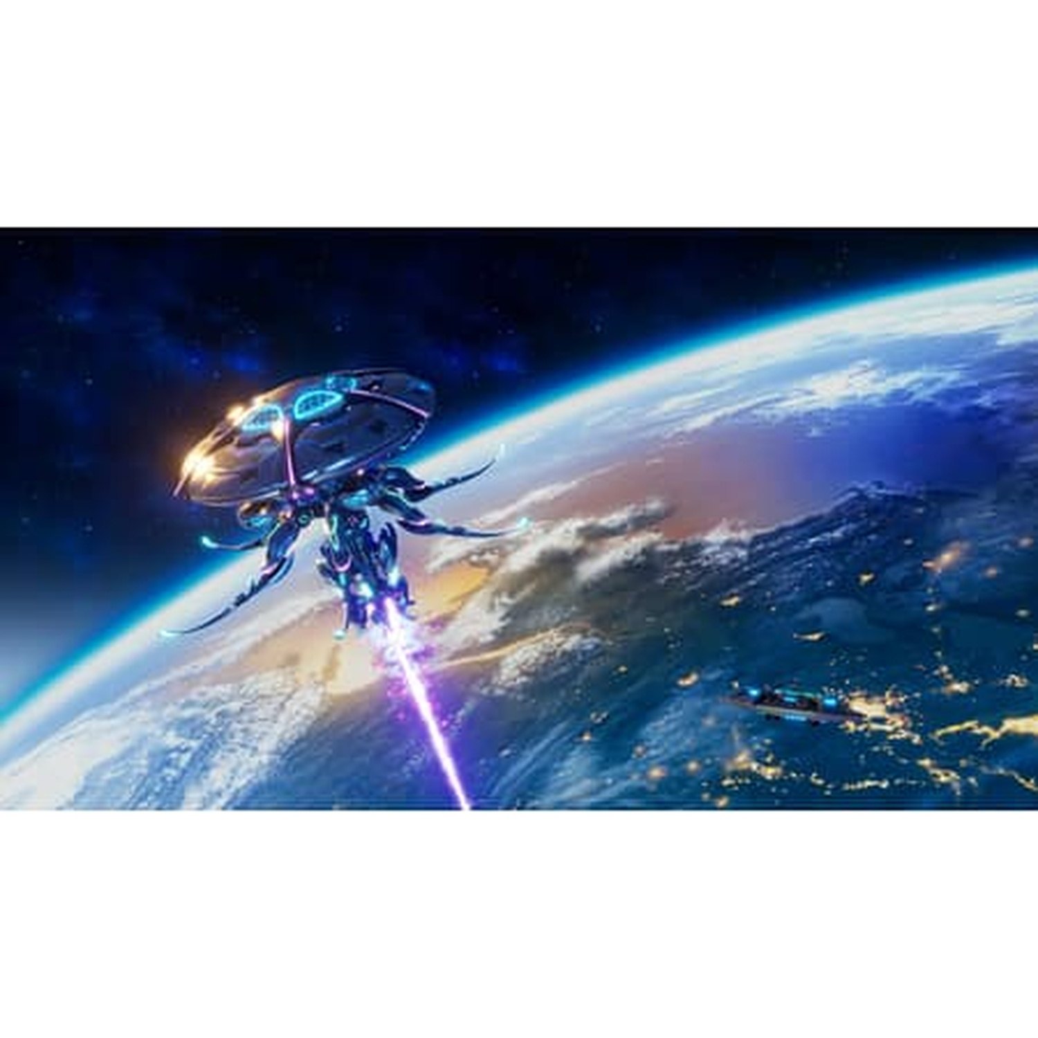 Un vaisseau spatial futuriste tire un rayon violet sur la Terre, un autre vaisseau passe à proximité.