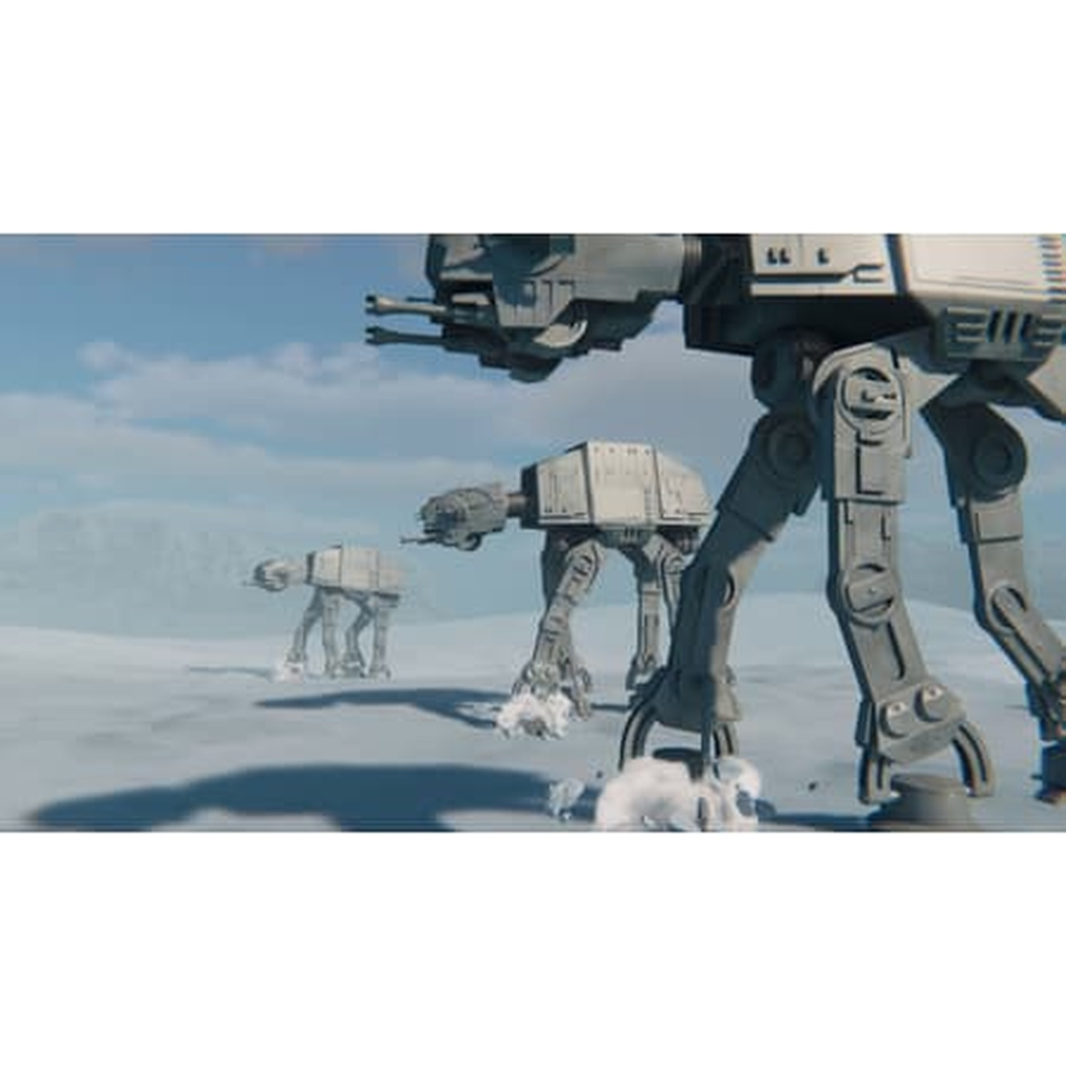 Drie AT-AT-lopers bewegen zich over een besneeuwd landschap onder een blauwe lucht.