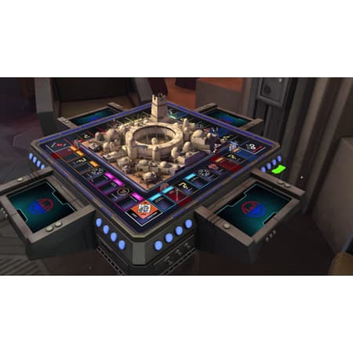Een futuristisch bordspel met een stadscentrum en blauwe lichten.