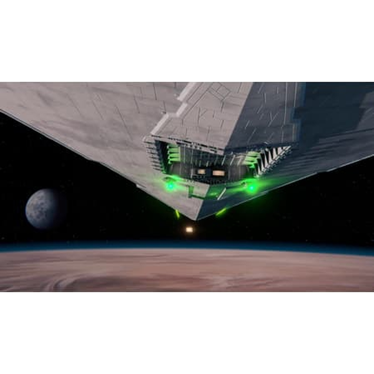 Een grijs ruimteschip met groene lichten vliegt over een bruine planeet.