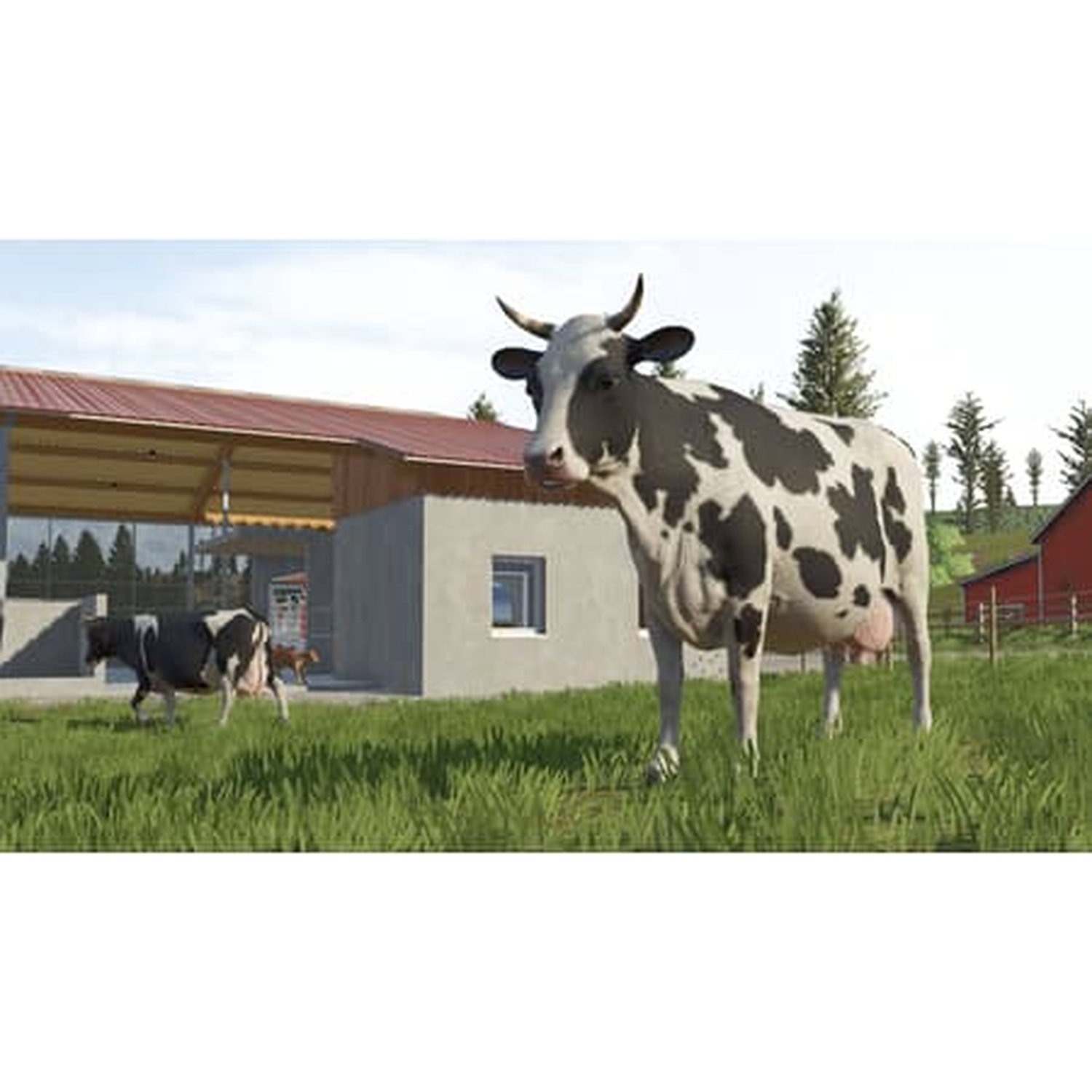 Une vache noir et blanc se tient dans un pré vert devant une grange.