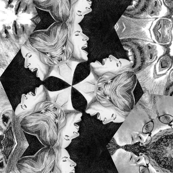 Schwarz-weiß-zeichnung von Gesichtern, die schreien, in einem Kaleidoskopmuster.