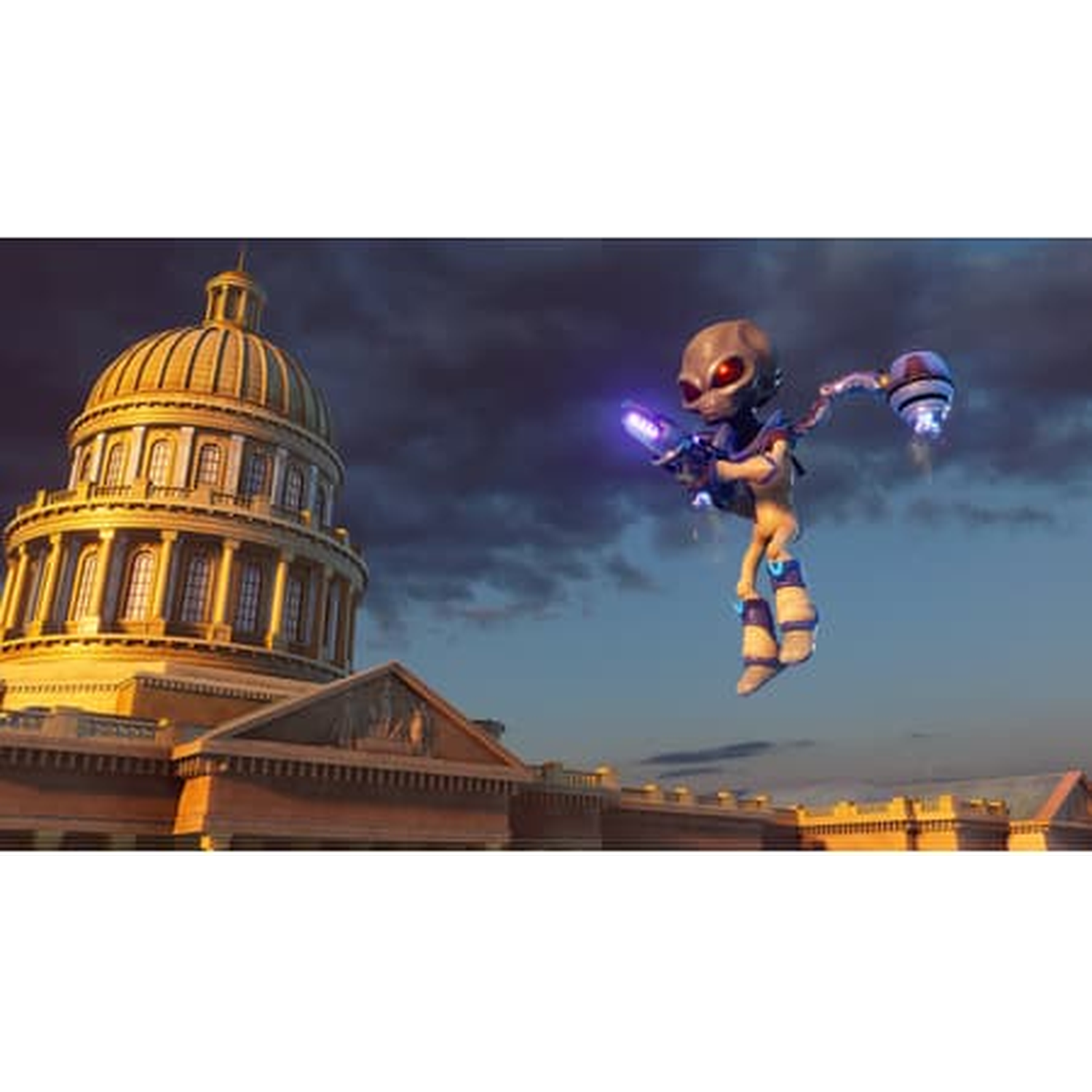 An alien with a gun flies in front of a domed building.
