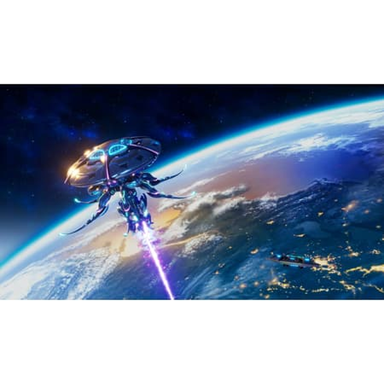 Alien ship fires purple laser at Earth. Another ship seen in distance.