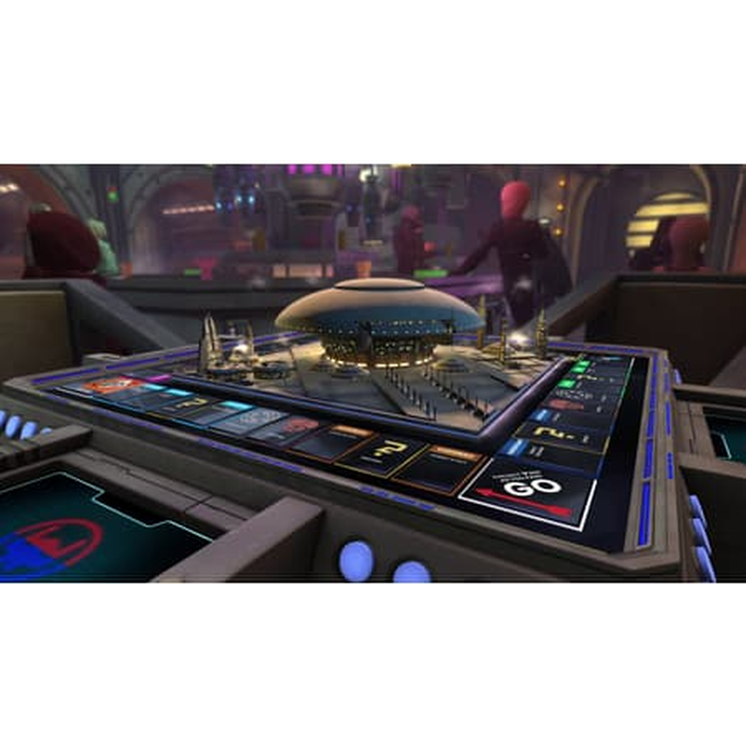 Futuristic board game with a dome in the center and sci-fi figures.