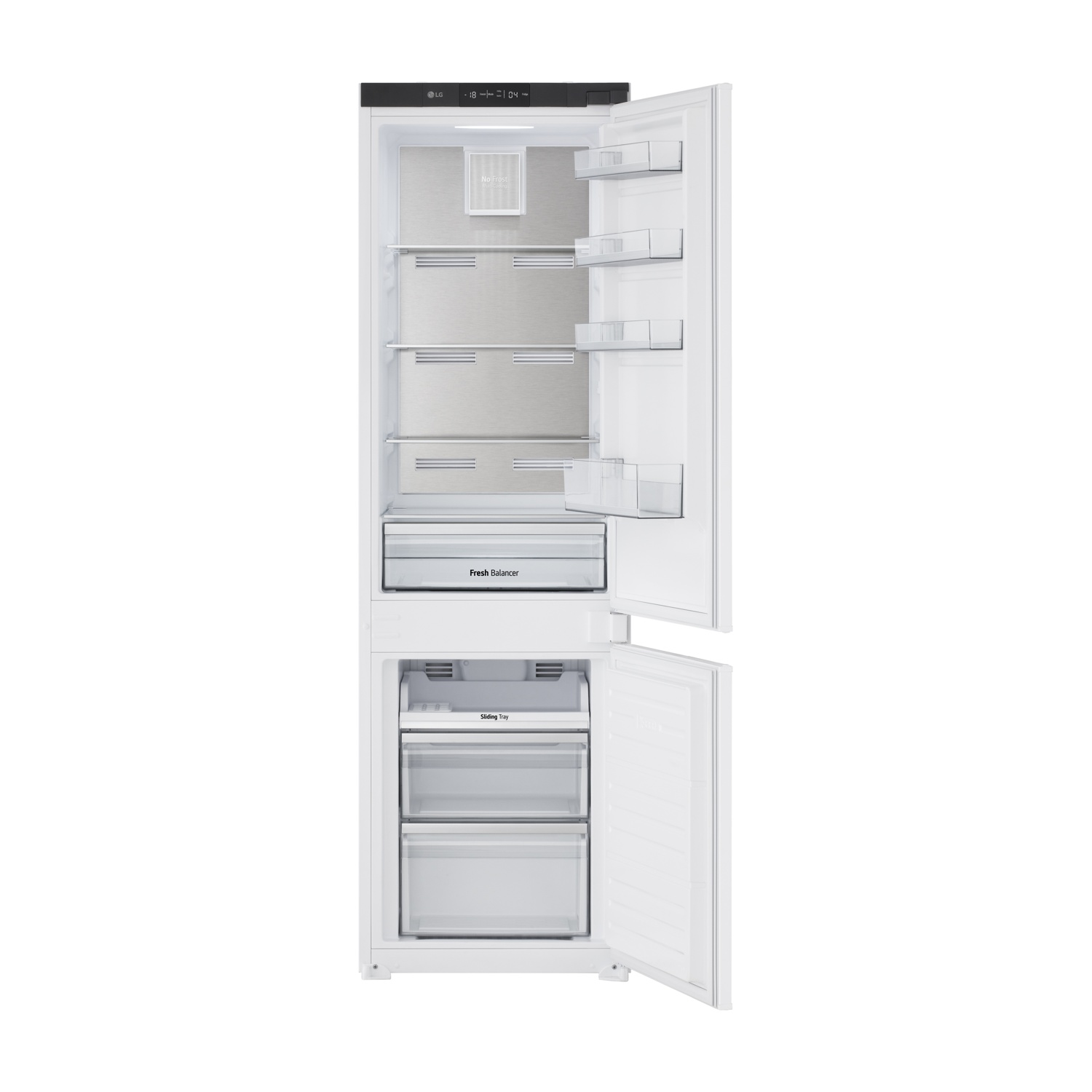 Un frigorifero LG bianco con la porta aperta, che mostra ripiani in vetro.