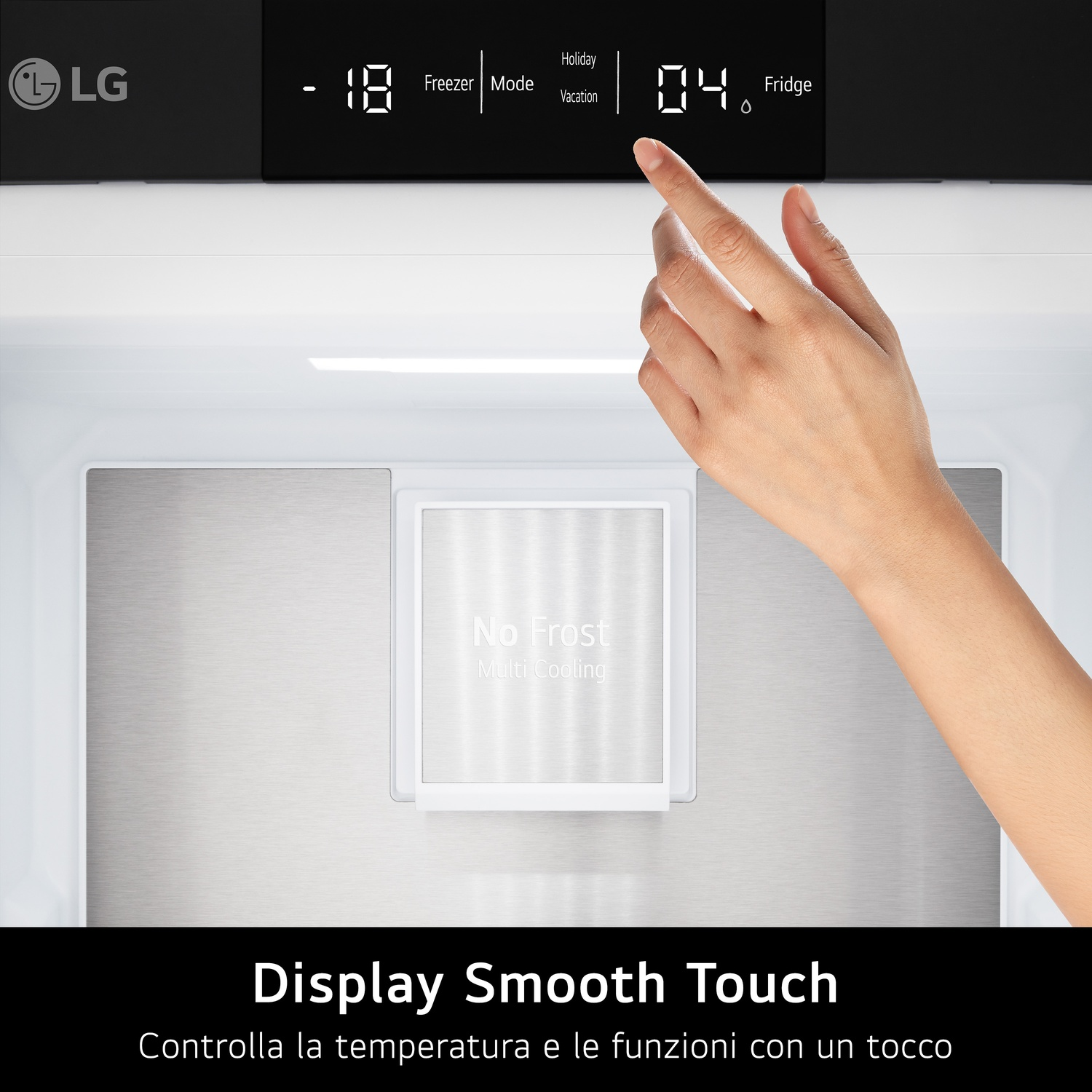 Una mano tocca il display di un frigorifero LG con impostazioni di temperatura.