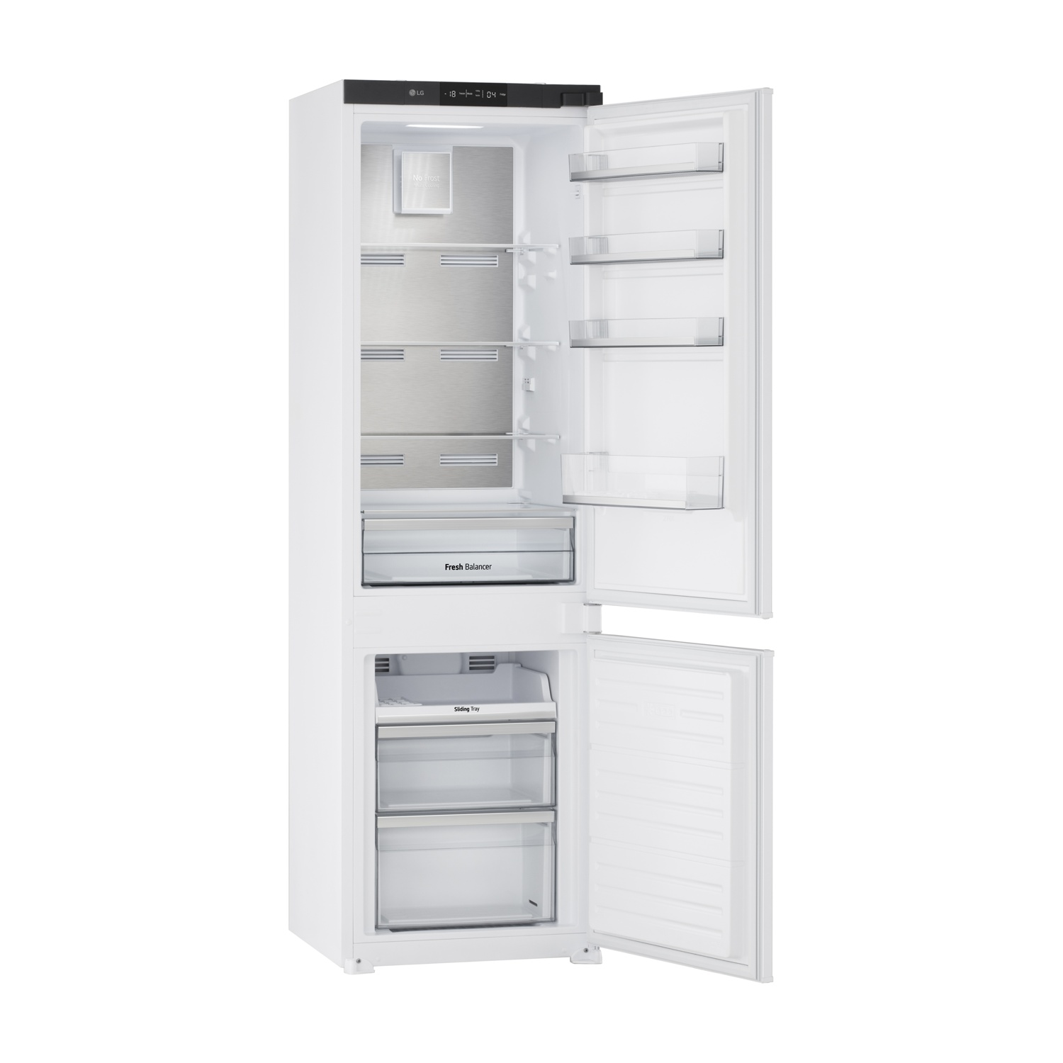 Frigorifero LG bianco aperto con ripiani in vetro e cassetti. Display digitale in alto.