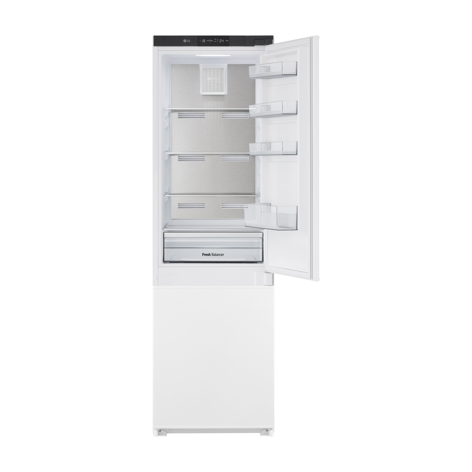 Un frigorifero bianco LG con porta aperta, che mostra gli scaffali.