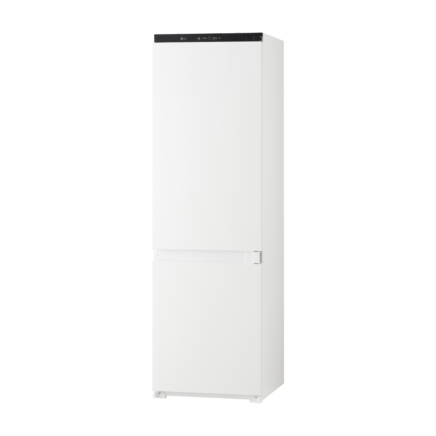 Un frigorifero LG bianco con pannello di controllo nero in alto e due porte.