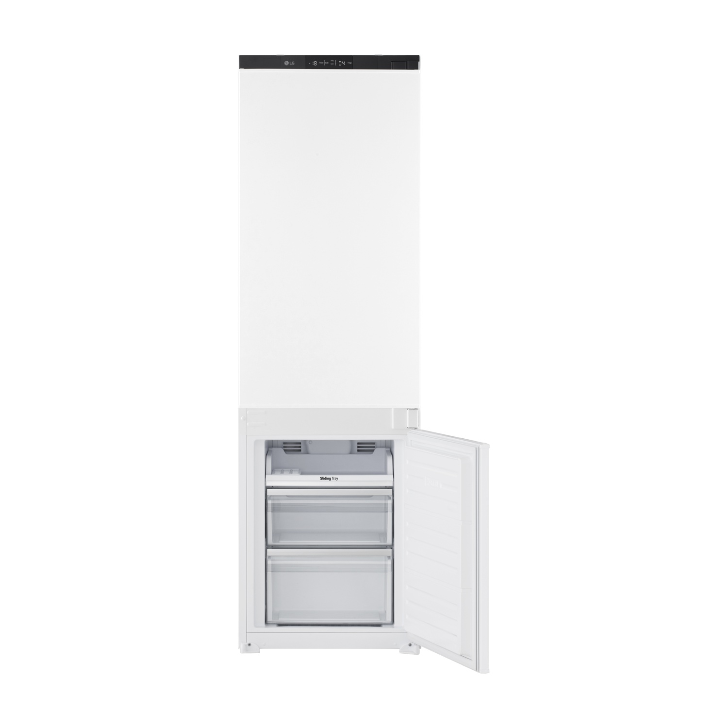 Frigorifero LG bianco con display digitale, una porta socchiusa mostra cassetti trasparenti.