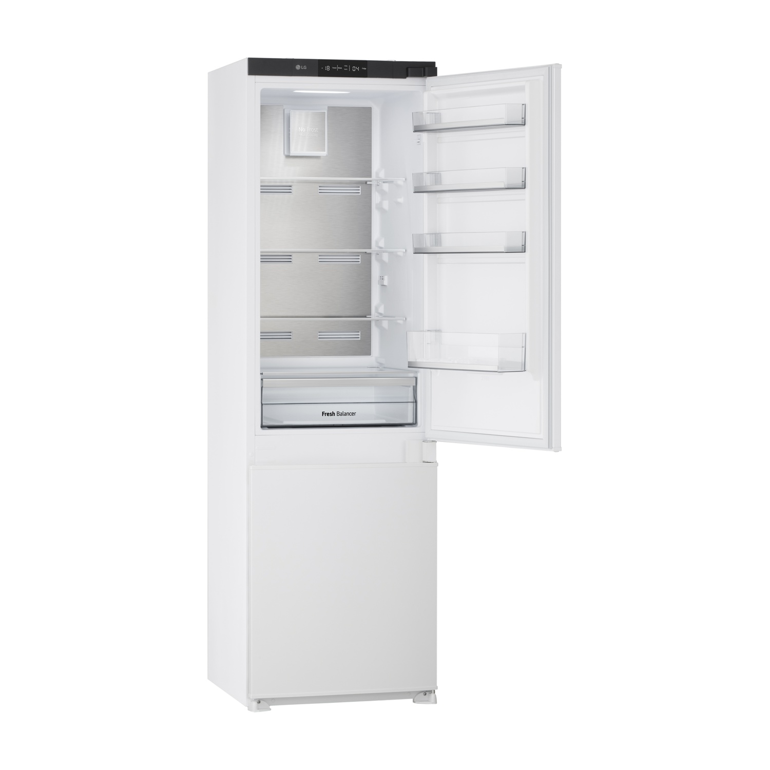 Un frigorifero LG bianco con porta aperta, interni vuoti e ripiani in vetro.