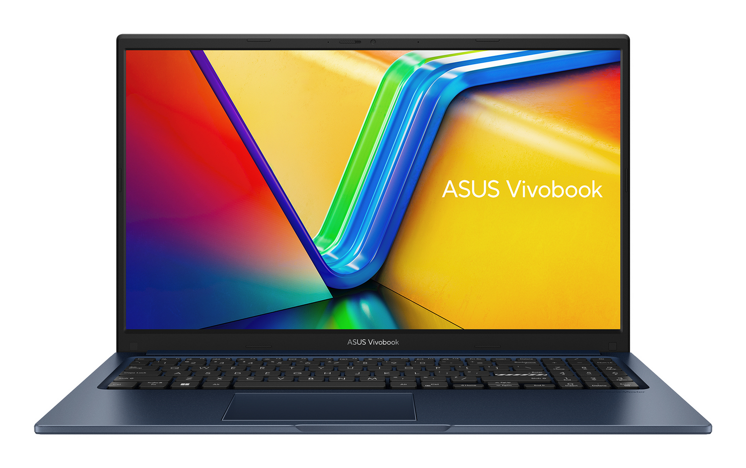 Un portátil Asus Vivobook azul está abierto, mostrando un fondo de pantalla abstracto y colorido.