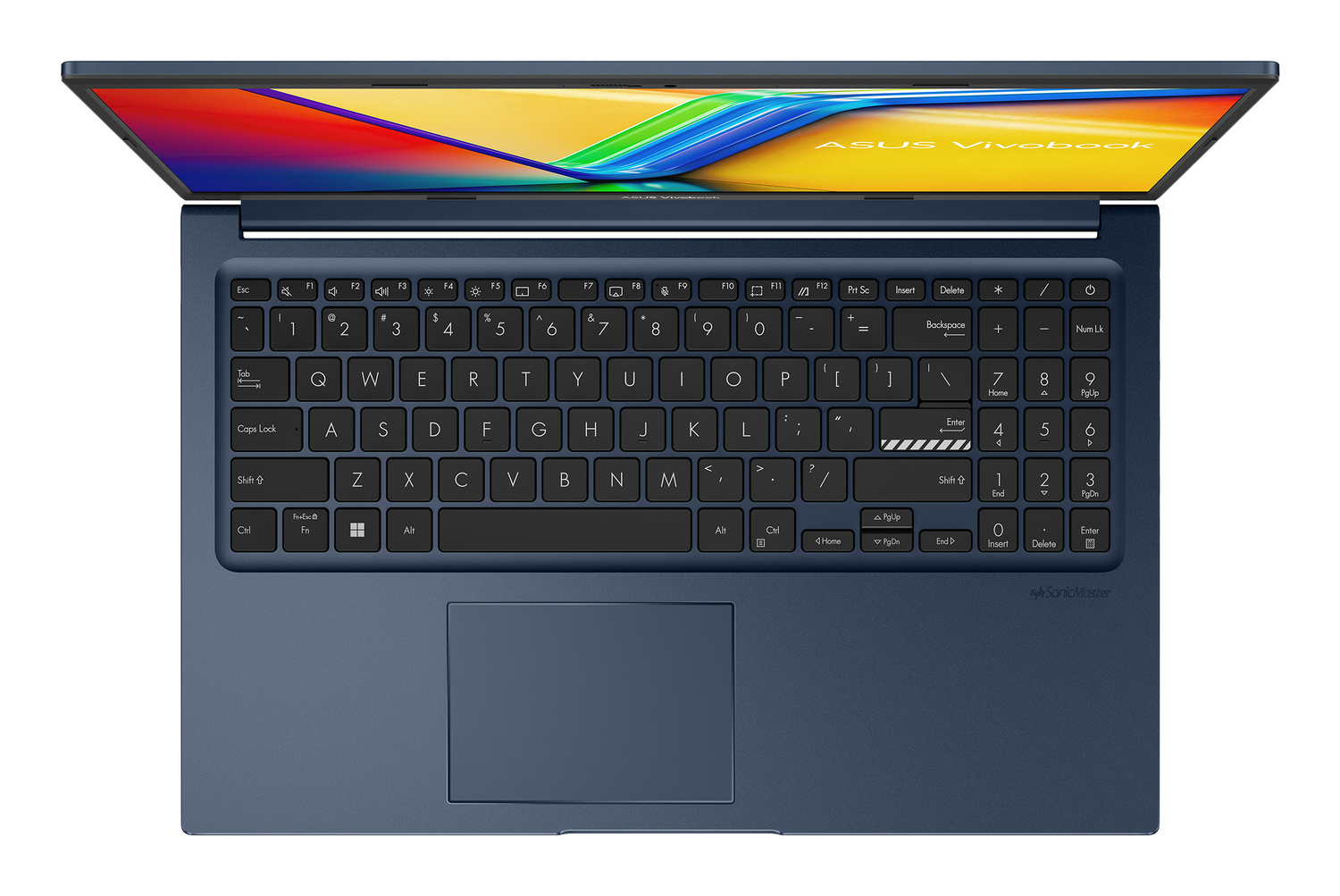 Un portátil Asus Vivobook azul oscuro abierto mostrando teclado y touchpad.