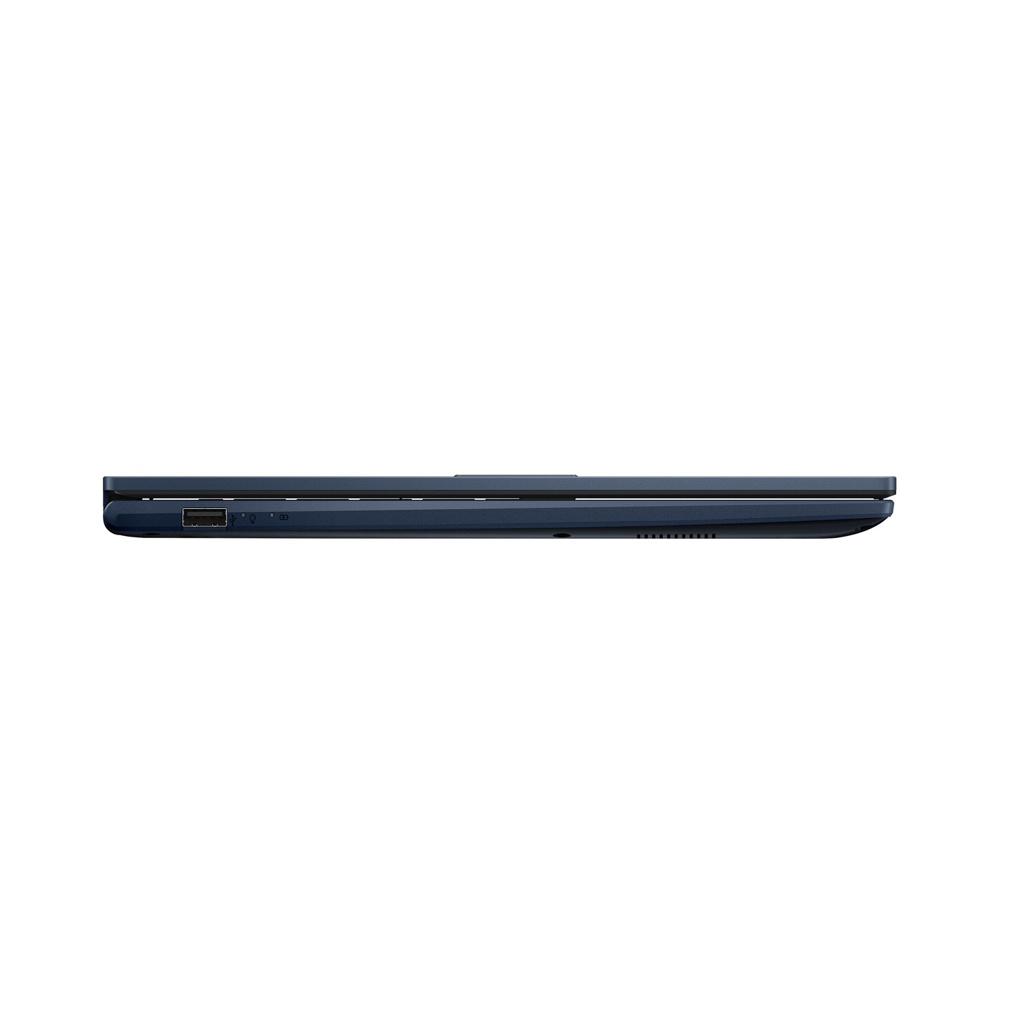 Portátil azul oscuro cerrado con puerto USB y ranuras de ventilación.