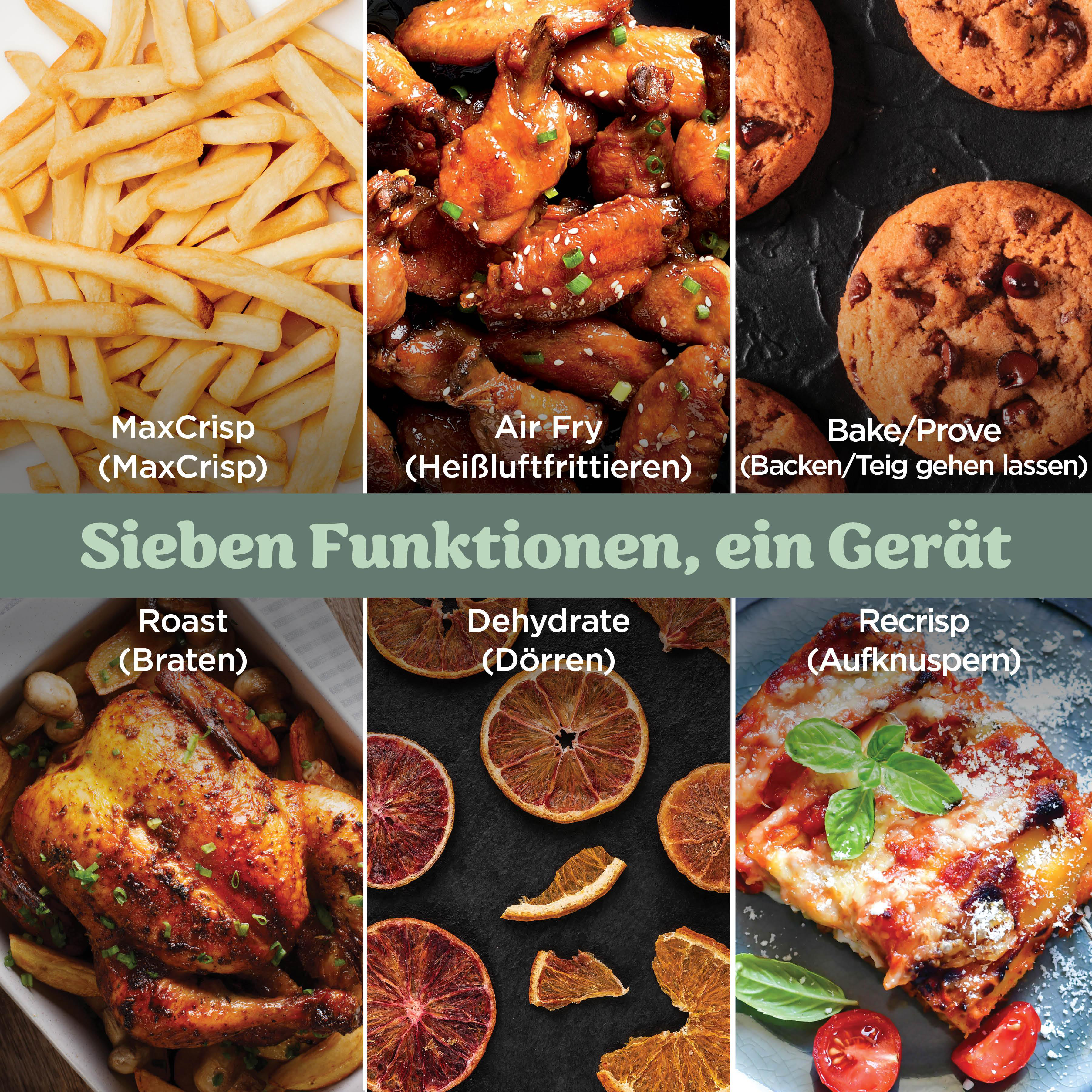 Drei Mal drei Lebensmittel: Pommes, Hähnchenflügel, Kekse und Braten, Dörrobst, Pizza.