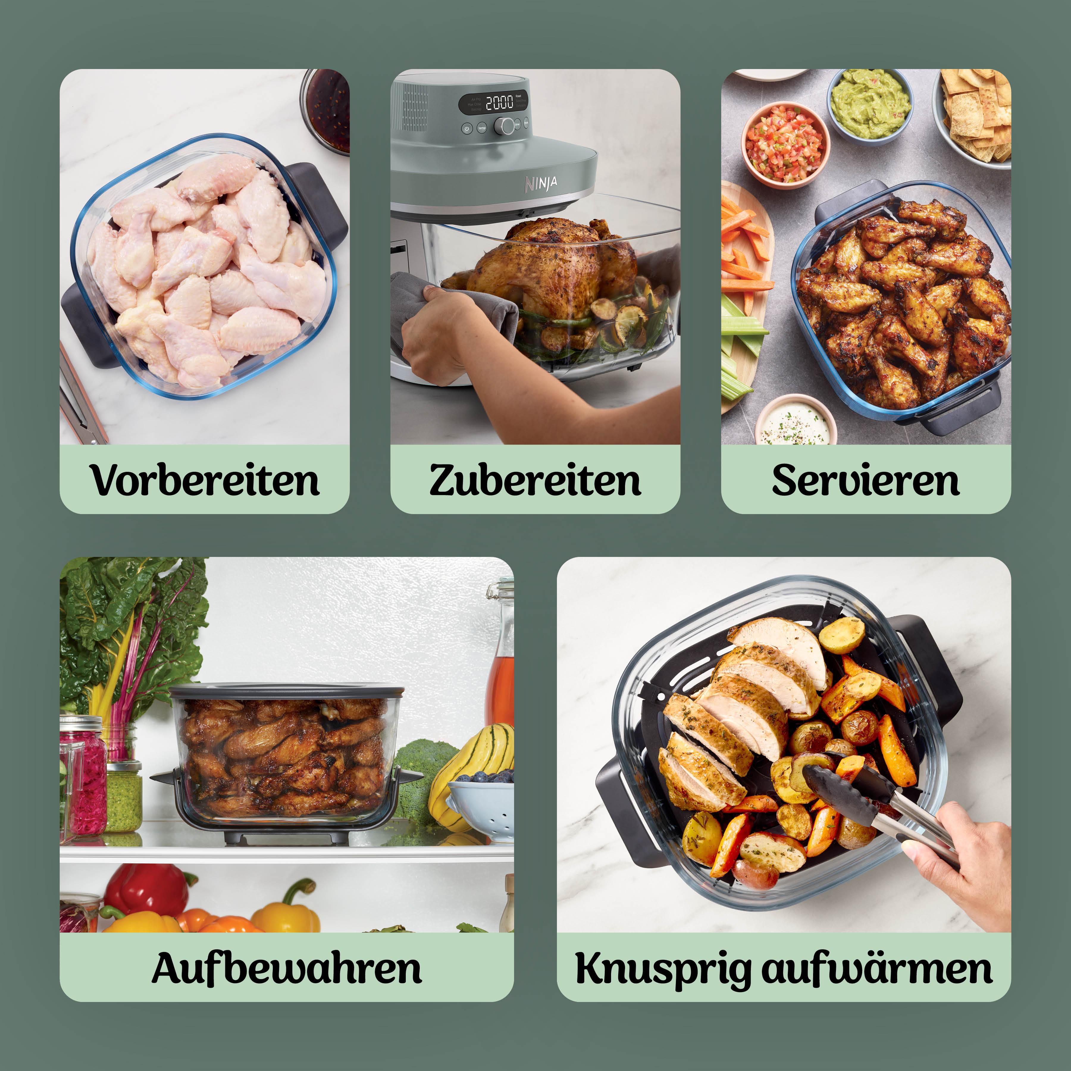Zutaten vorbereiten, zubereiten, servieren, aufbewahren und aufwärmen.